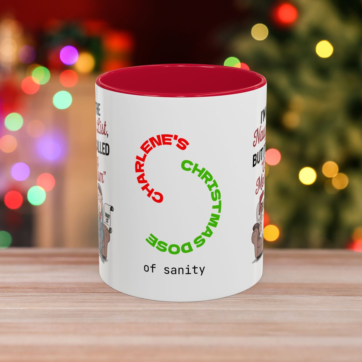 I'm On The Naughty List, But It's Called 'Coping Mechanism' - Christmas Mug with Male and Cat Design and Accent Color