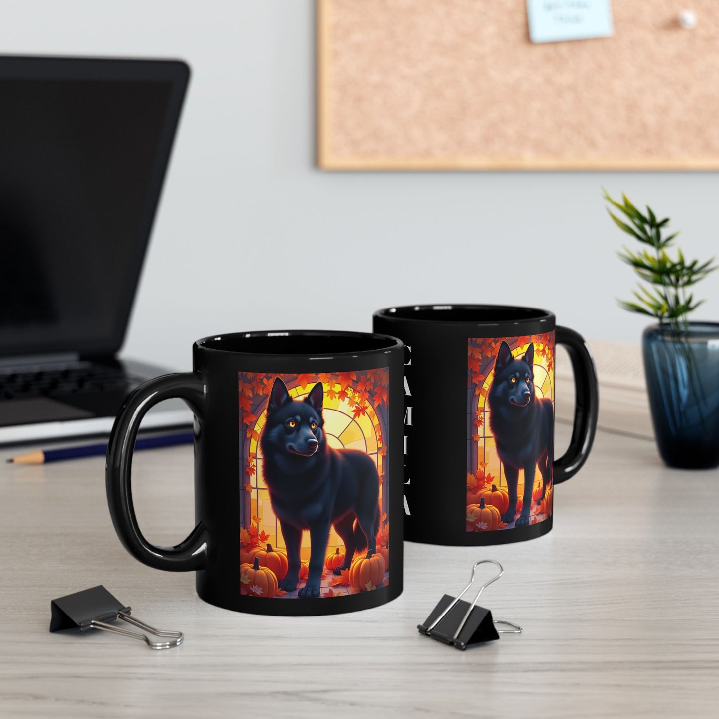 Black Siberian Husky (Amber Eyes) autumn coffee mug, personalized seasonal Husky gift for dog lovers