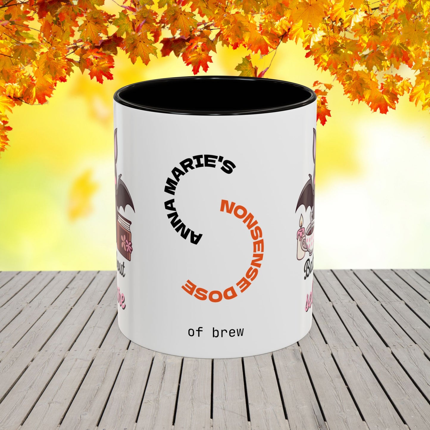 Halloween mug with bat-themed design and self-care message, promoting anxiety relief and mental health awareness