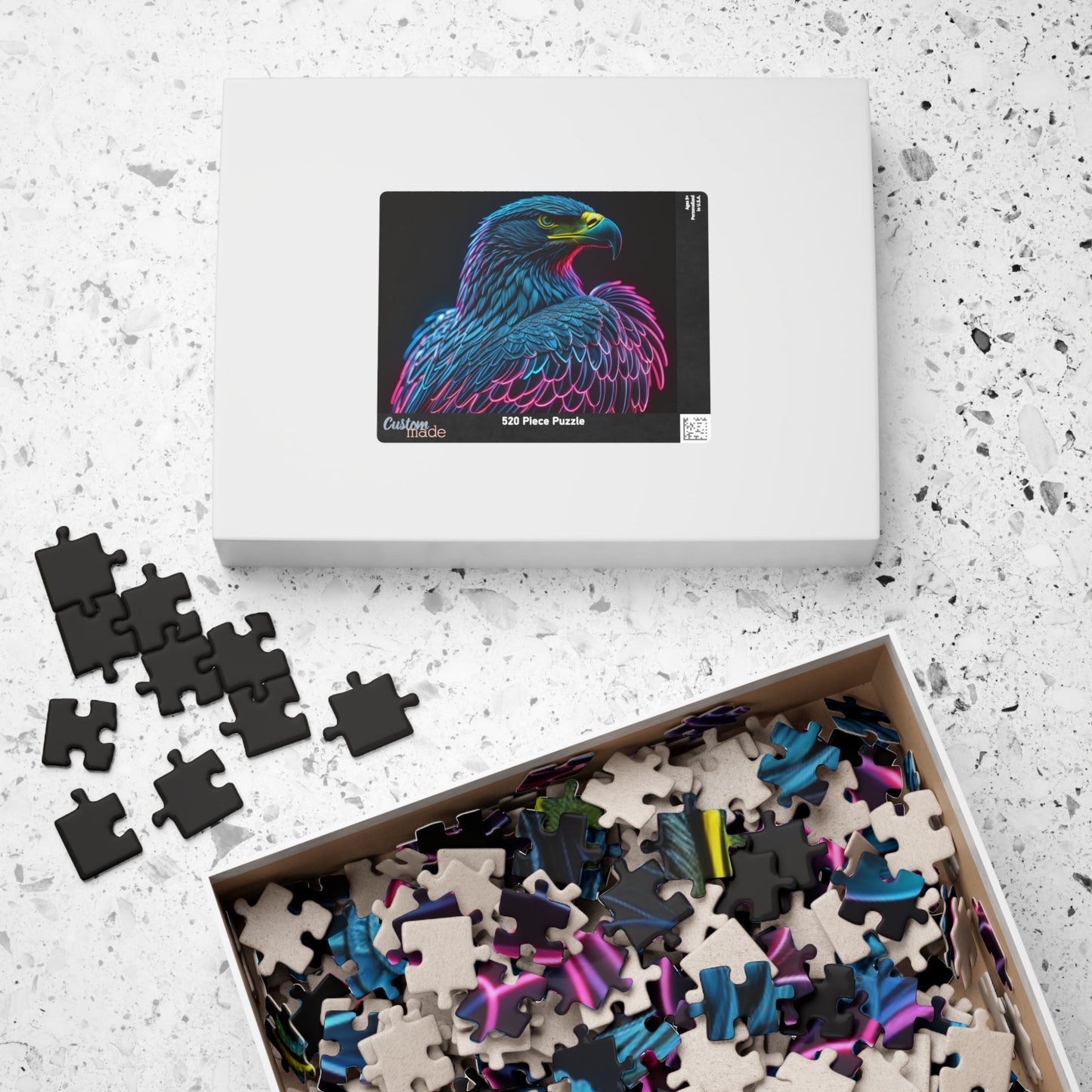 Wings of Resilience - Neon Eagle Portrait Puzzle with Teal Feathers and Pink Neon Outlines on Black