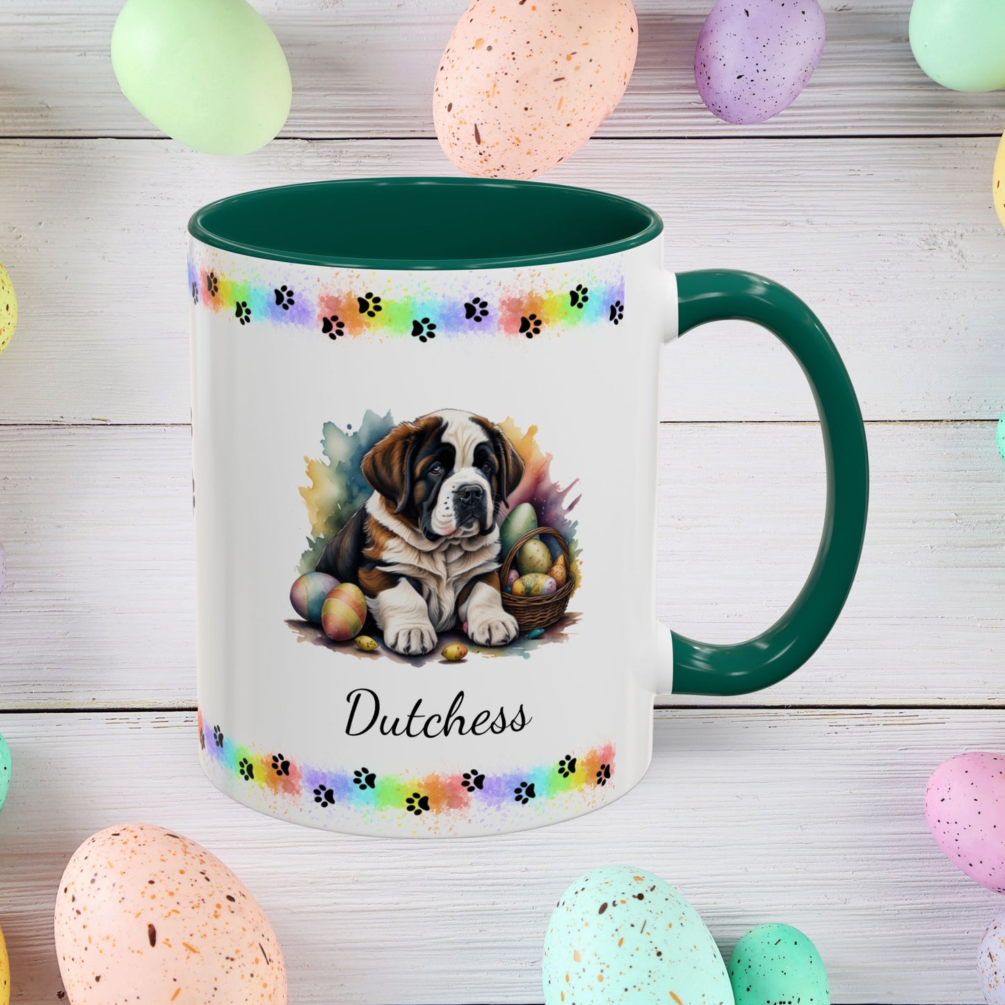 Saint Bernard Easter puppy coffee mug personalized for dog lovers, promoting comfort, calm, and joyful Easter mornings.