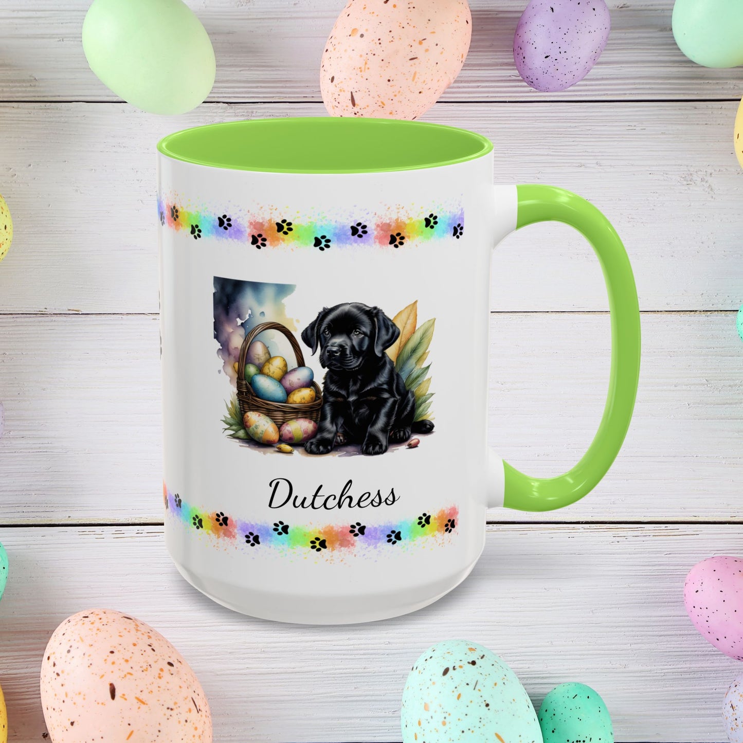 Black Labrador Easter puppy coffee mug, personalized cute dog design, mental health support and cozy sipping