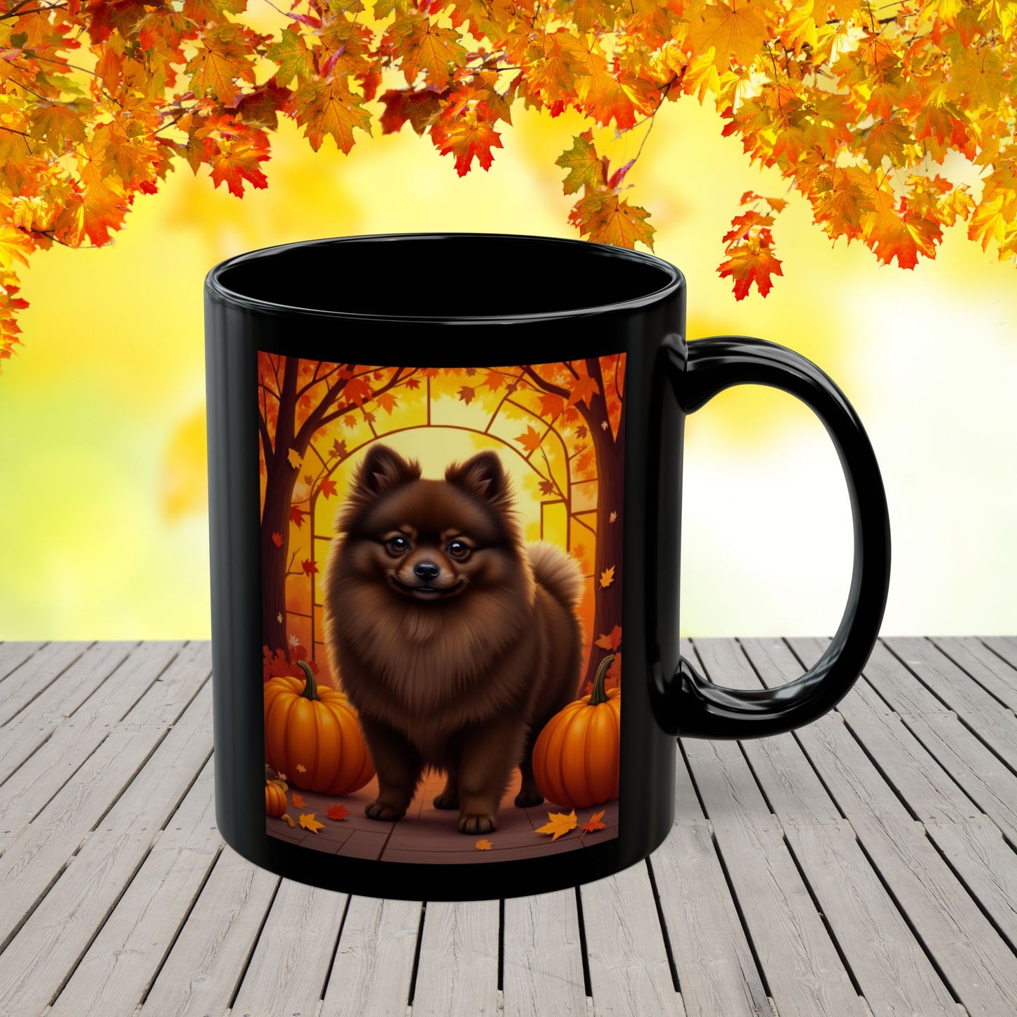 Chocolate Pomeranian autumn coffee mug, custom name dog lover gift for cozy seasonal drinks