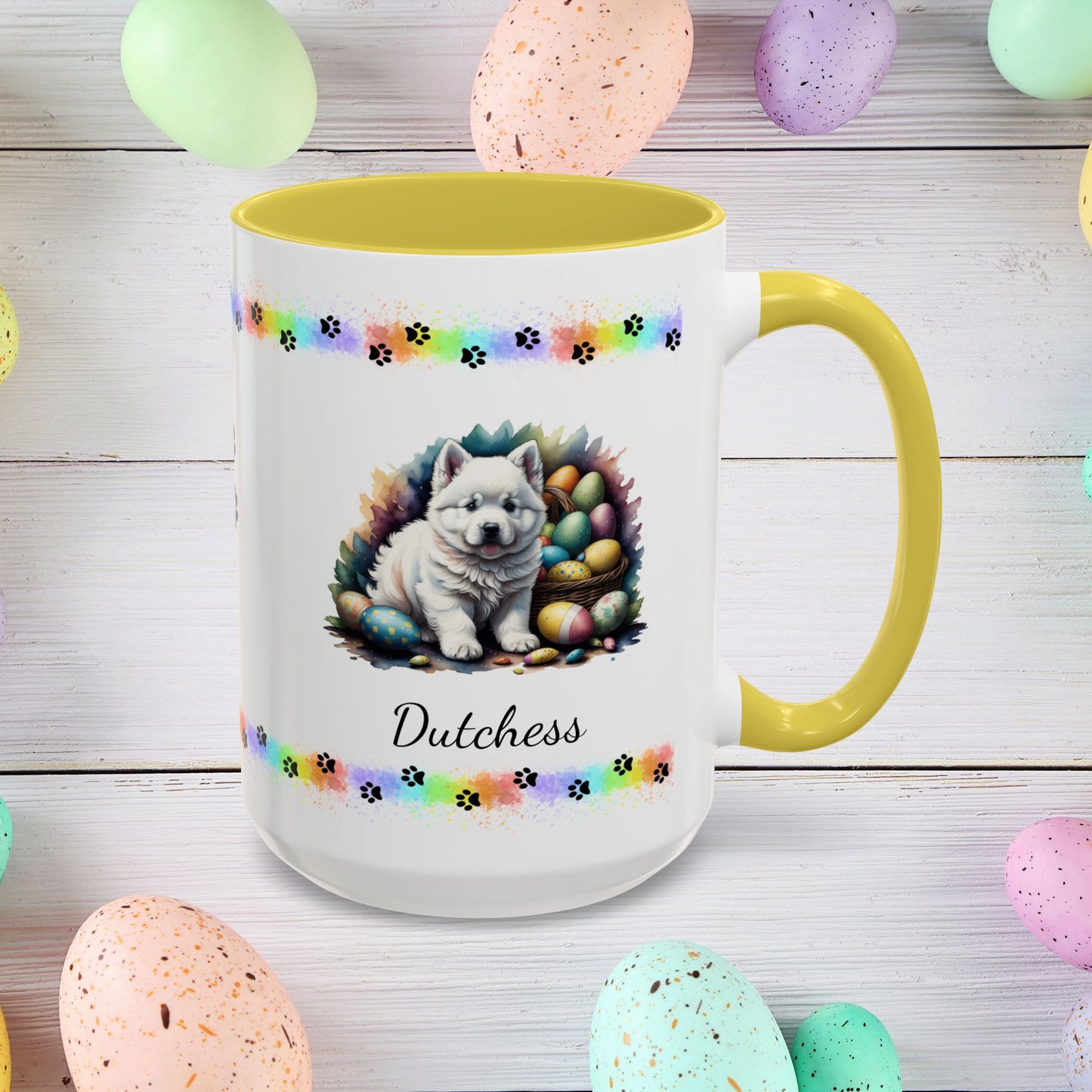 Samoyed Easter puppy coffee mug personalized dog design, cozy mental health gift for spring and daily mindfulness.