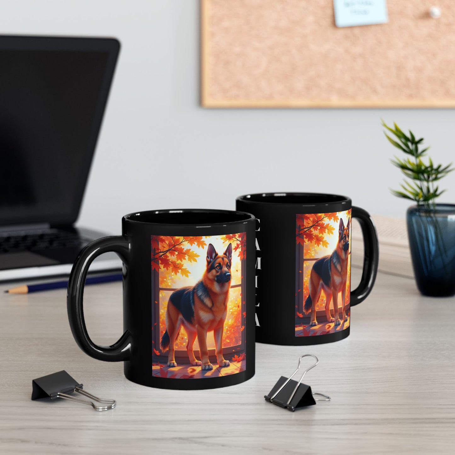 Black & Red German Shepherd Autumn Custom Mug - Personalized Fall Dog Coffee Cup for Home or Office