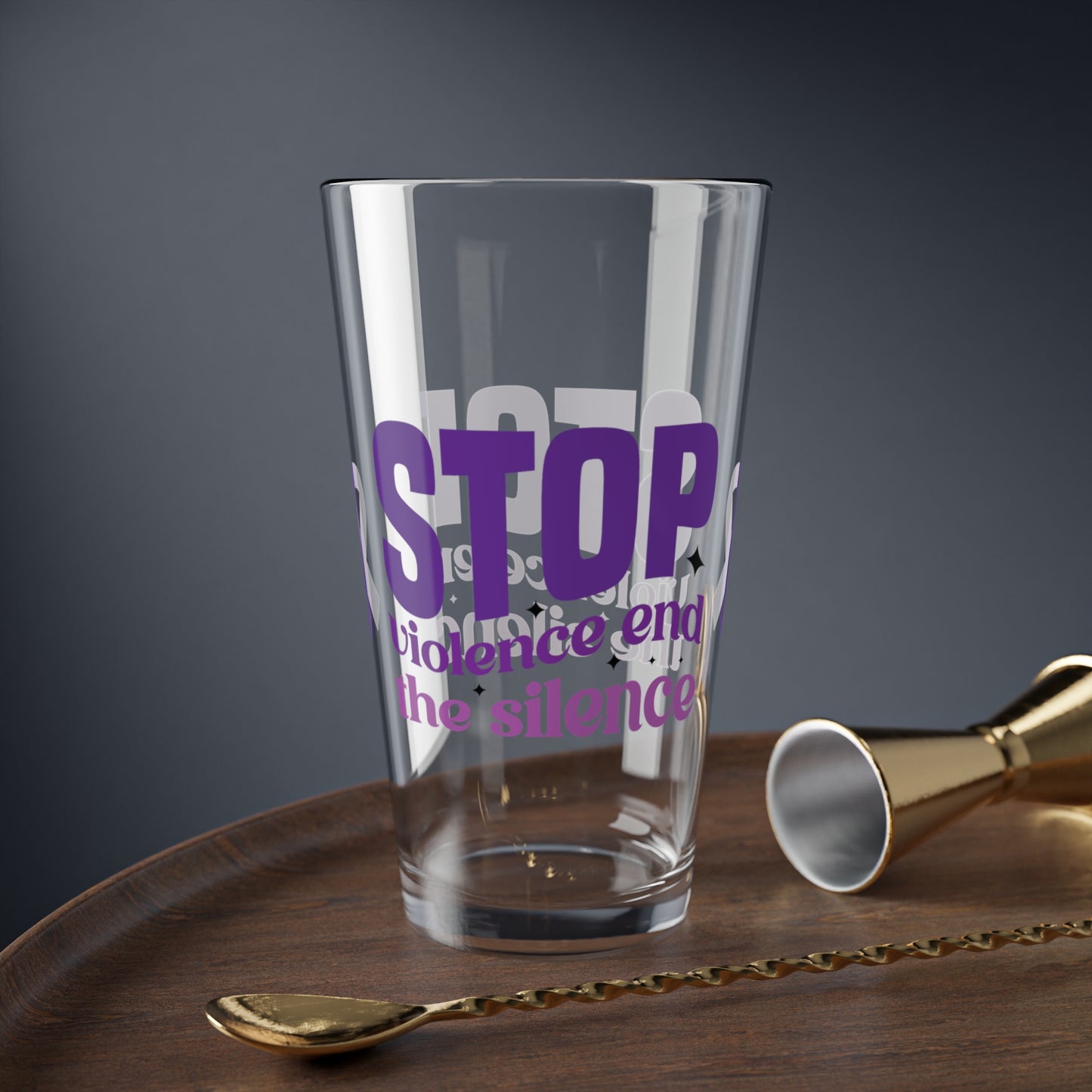 Pint glass with Stop Violence End The Silence message for awareness