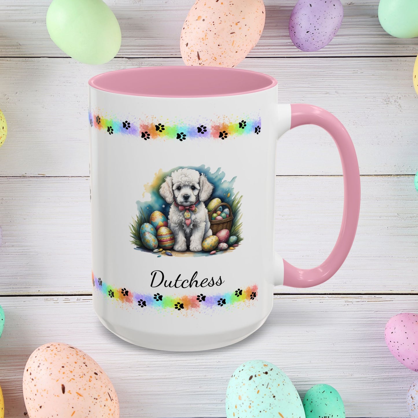 White Poodle Easter puppy coffee mug with custom dog design, perfect Easter gift for pet owners and mental wellness support.