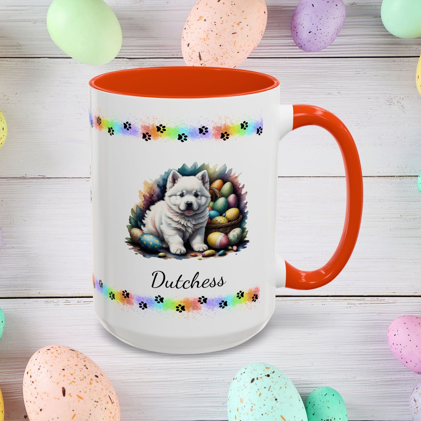Samoyed Easter puppy coffee mug personalized dog design, cozy mental health gift for spring and daily mindfulness.