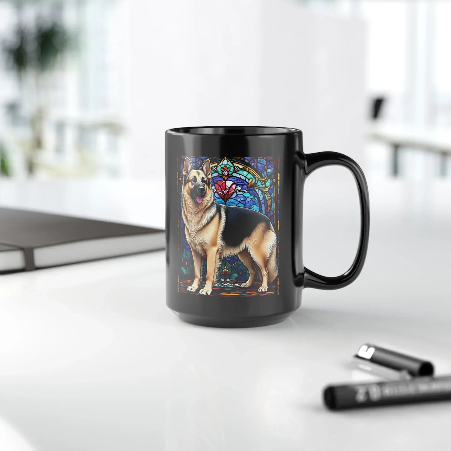Shop our premium german shepherd black cream personalized mug with stained glass design 11oz 15oz from MySisterIsASurvivor.
