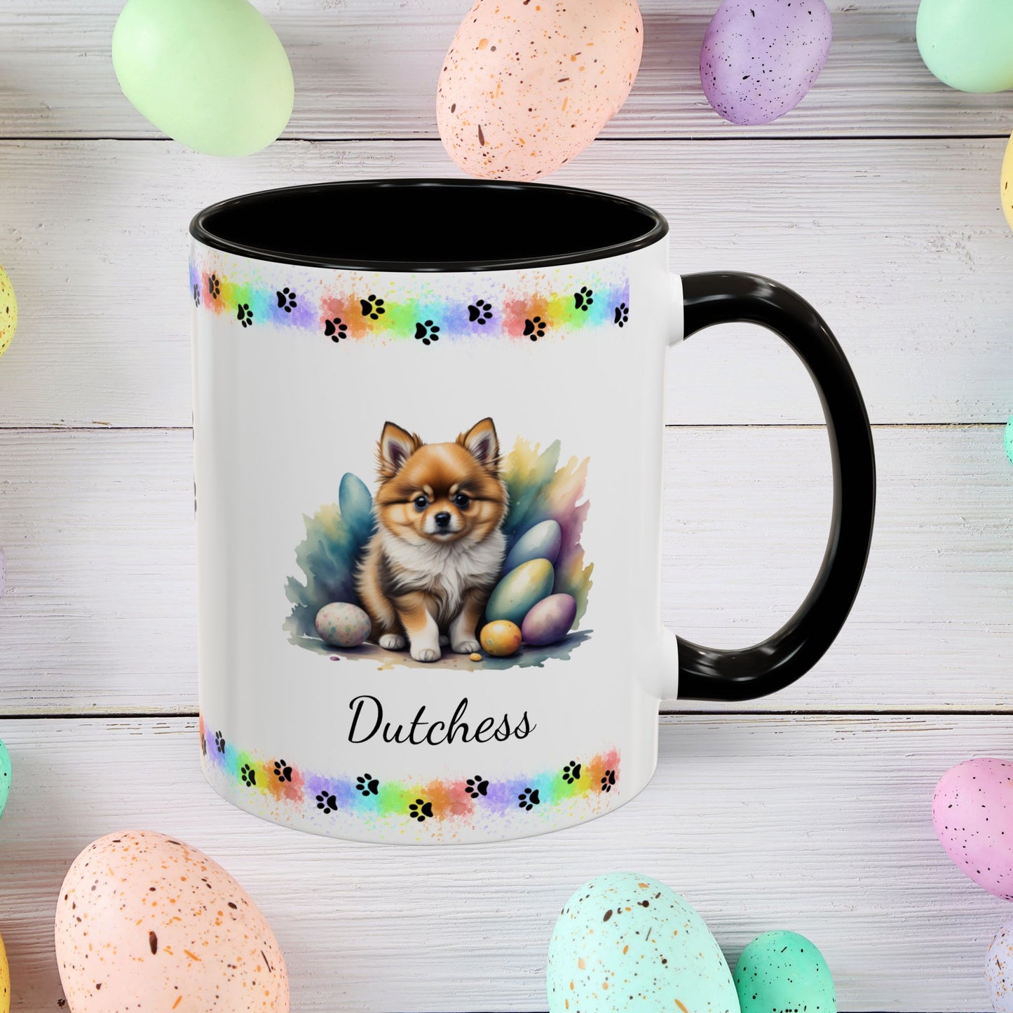 Pomeranian Cream Sable Easter puppy coffee mug, personalized cute dog gift for mental health awareness and comfort