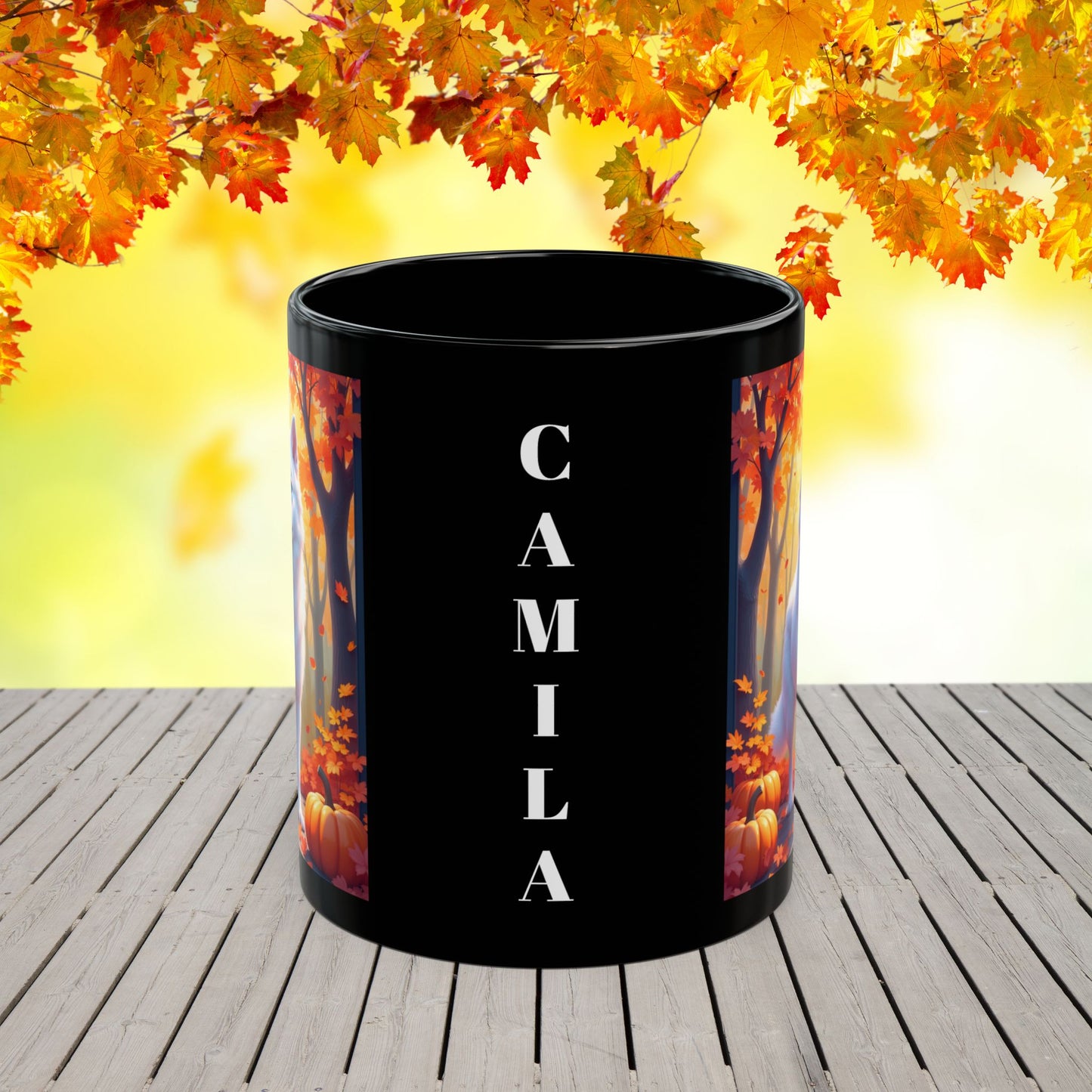 White Siberian Husky autumn coffee mug, personalized fall dog lover gift for coffee or tea enthusiasts
