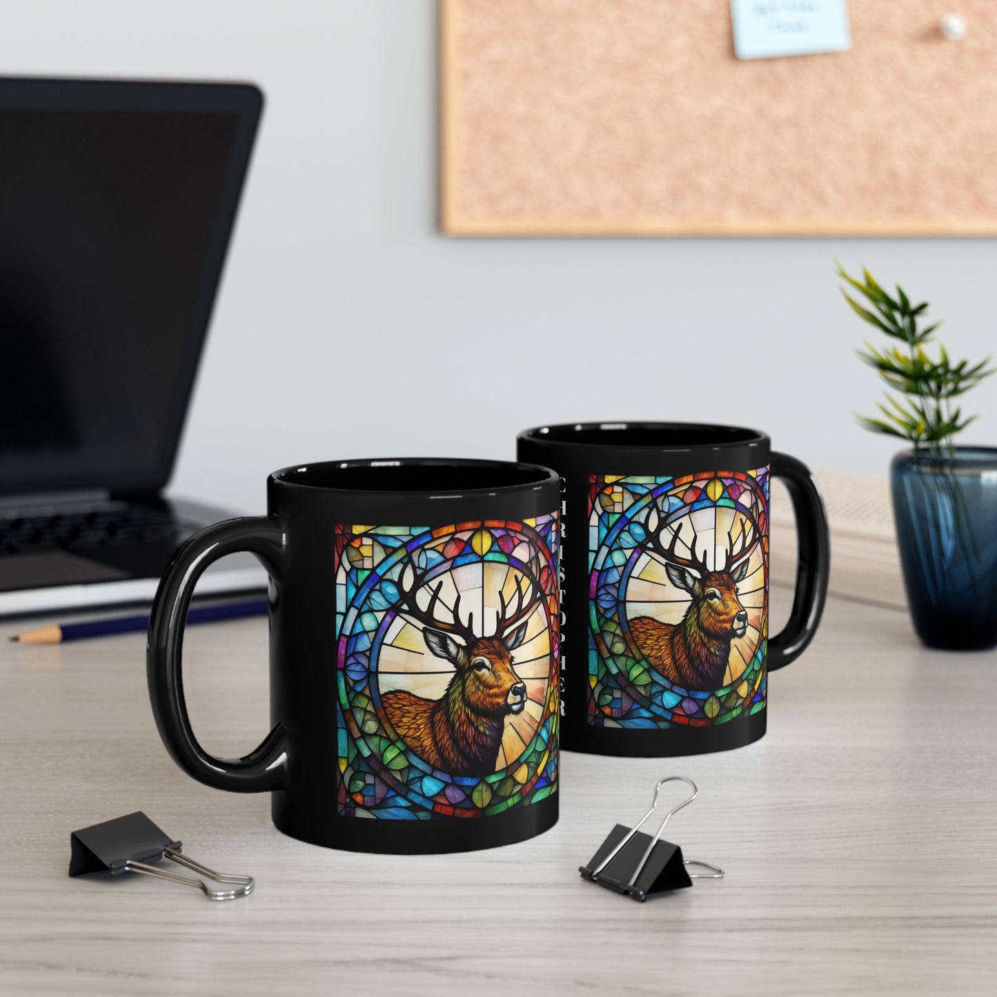 Deer personalized mug, stained glass zoo animal design, great for coffee, tea, or hot chocolate.
