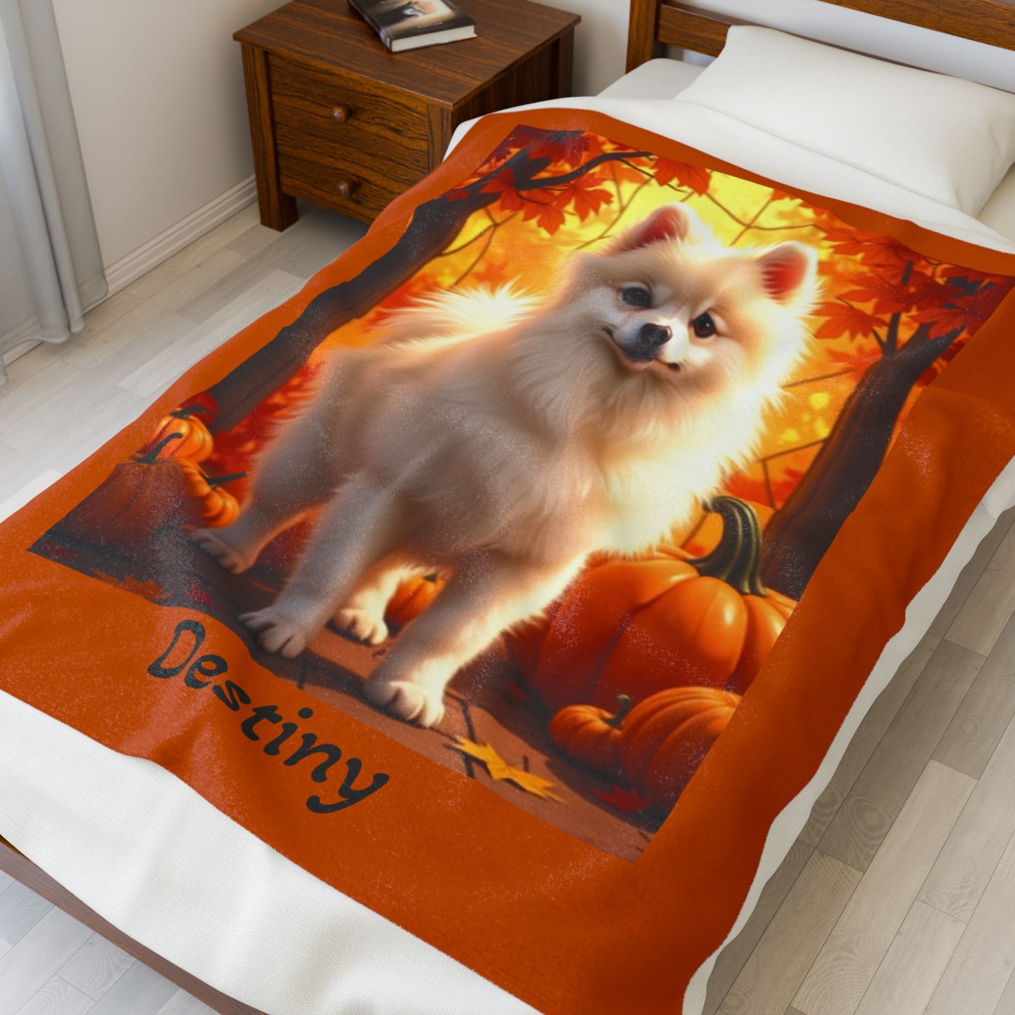 Cream Pomeranian velveteen plush blanket, fluffy dog throw blanket for pet owners, cozy home decor accent gift