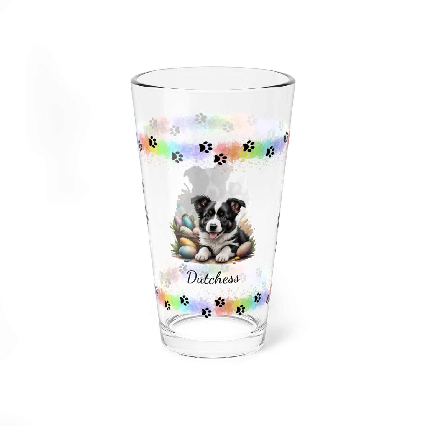 Border Collie (Black & White) Personalized Easter Puppy 16oz Pint Glass - Custom Dog Design, Mental Health Gift, Easter Décor, and Festive Celebrations