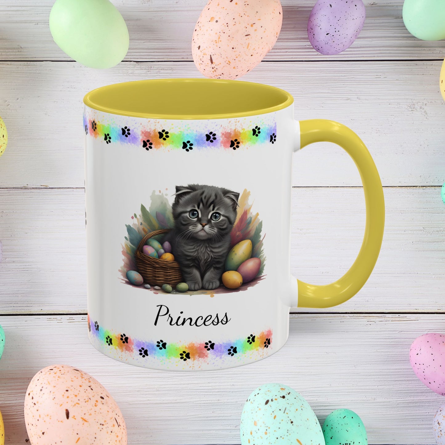 Scottish Fold Easter coffee mug, personalized kitten design, cute cat gift for mental health awareness