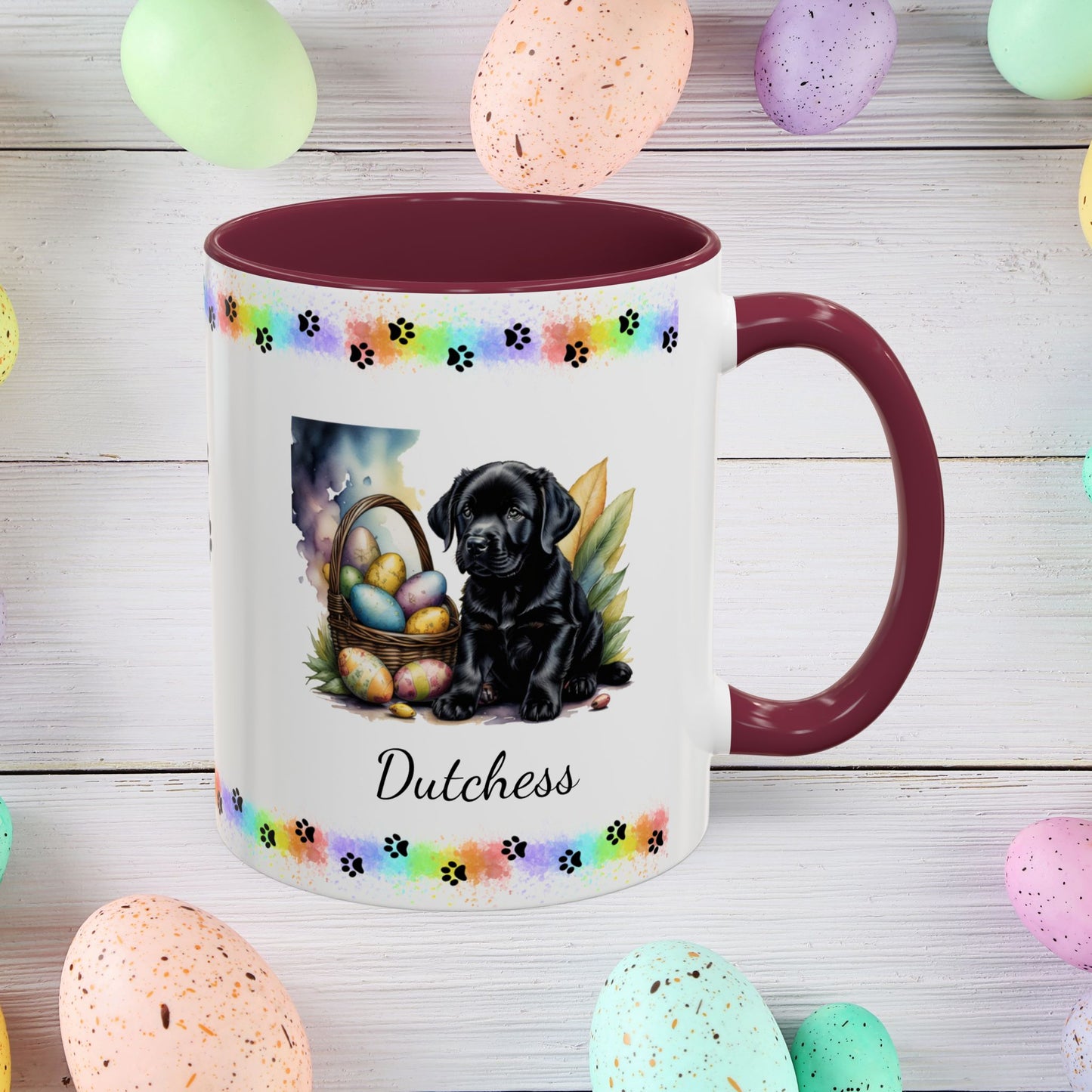Black Labrador Easter puppy coffee mug, personalized cute dog design, mental health support and cozy sipping