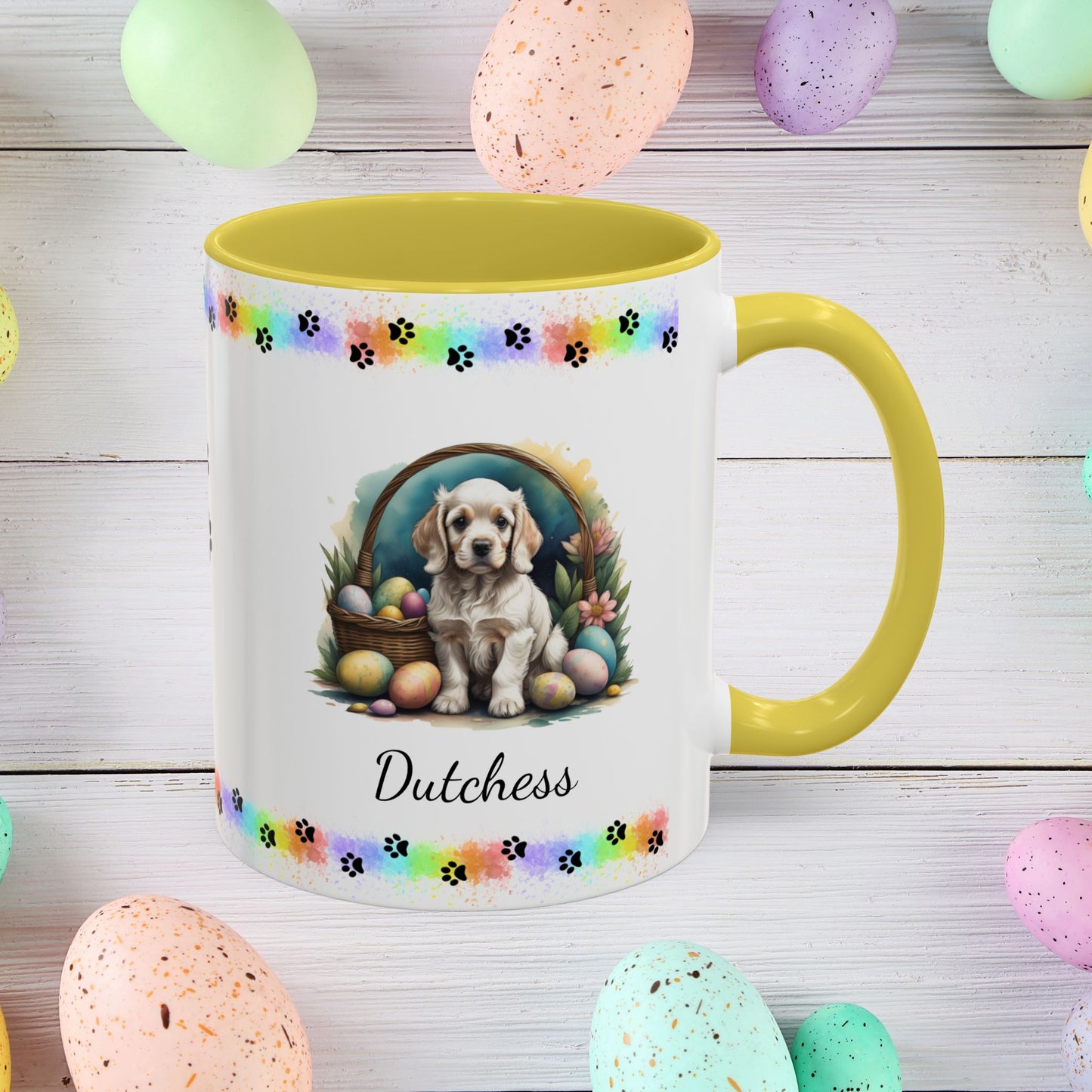 Cocker Spaniel Light Gold personalized Easter puppy mug, cute dog coffee cup gift for mental health awareness