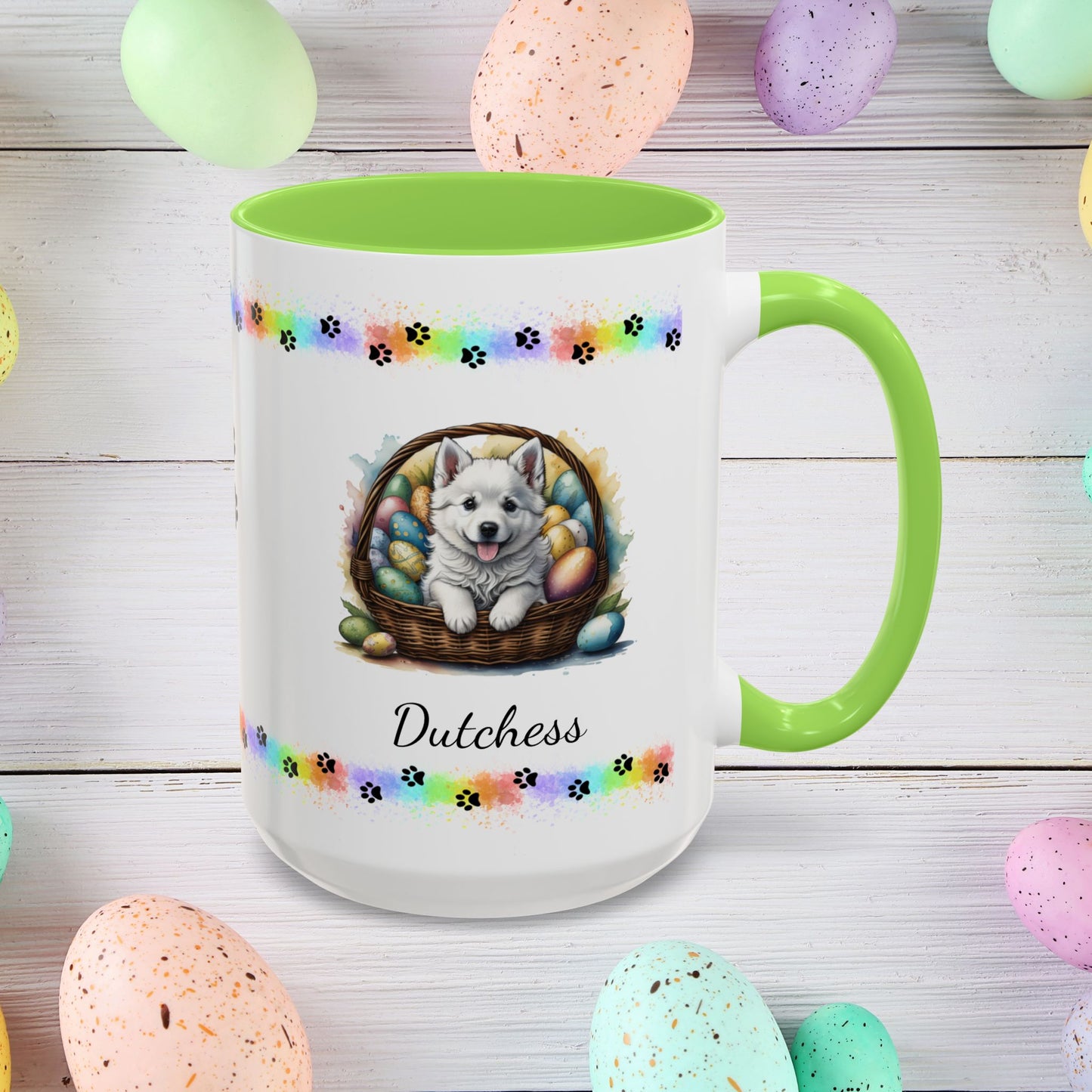 American Eskimo personalized Easter puppy mug, cute dog coffee cup, mental health awareness gift for dog lovers
