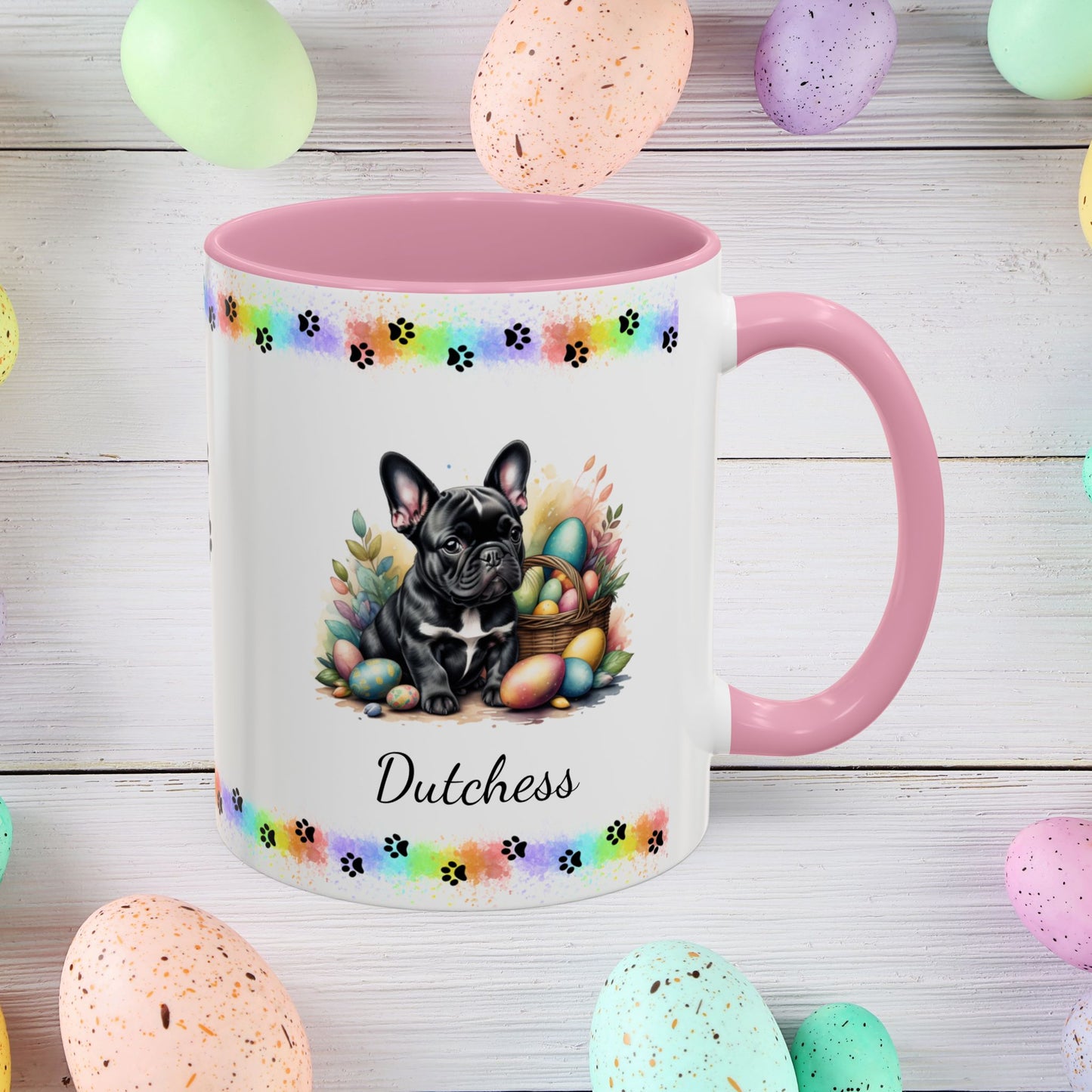 French Bulldog Black Easter puppy coffee mug, personalized cute dog gift for mental health awareness and cozy sipping