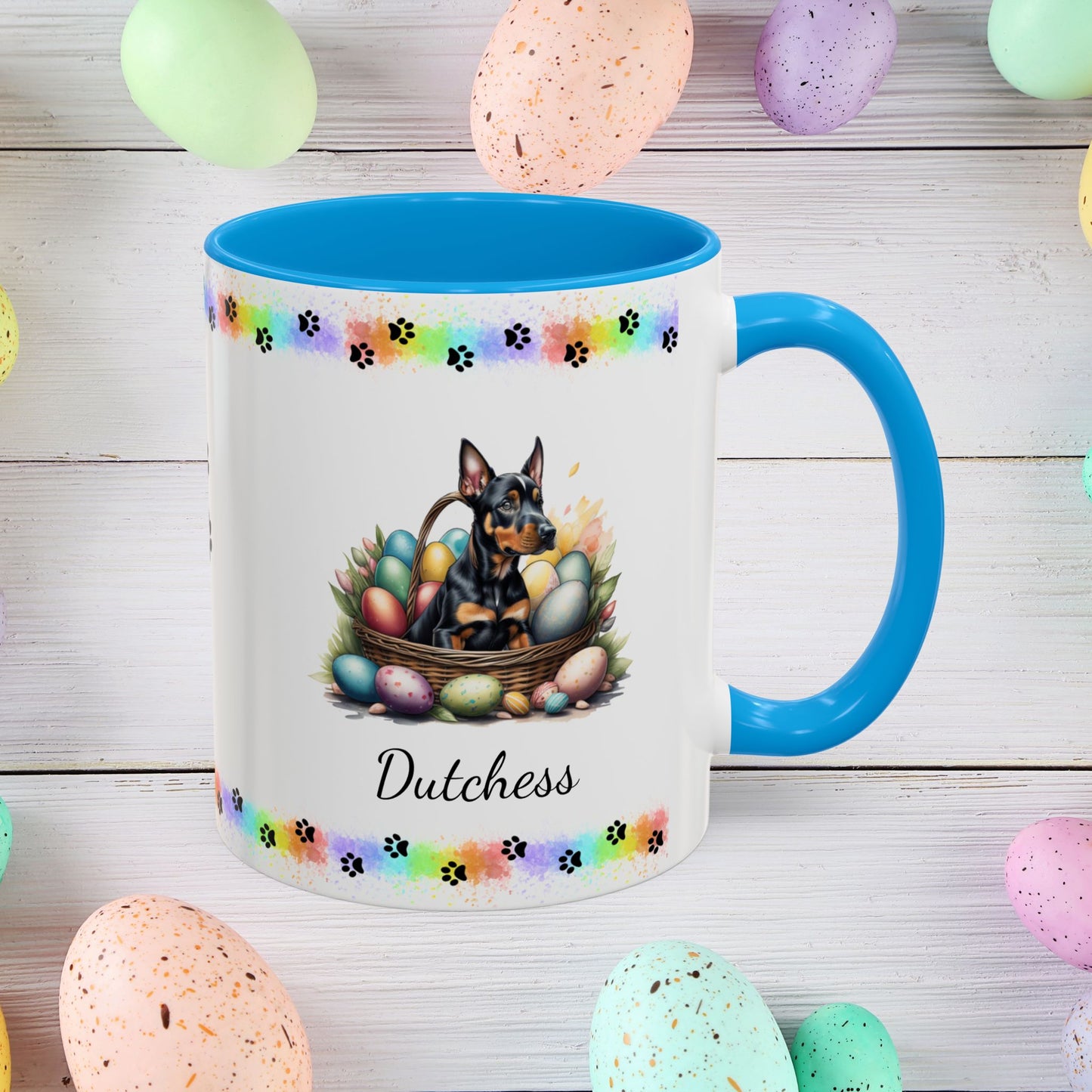 Doberman personalized Easter puppy mug, cute dog coffee cup gift for mental health awareness and comfort