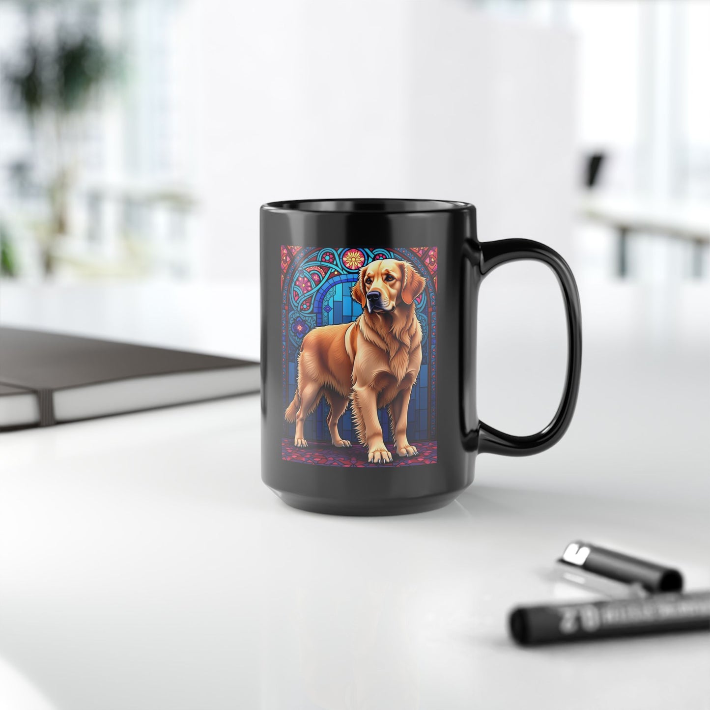 Light Golden Retriever stained glass style coffee mug, personalized dog name gift for Golden fans