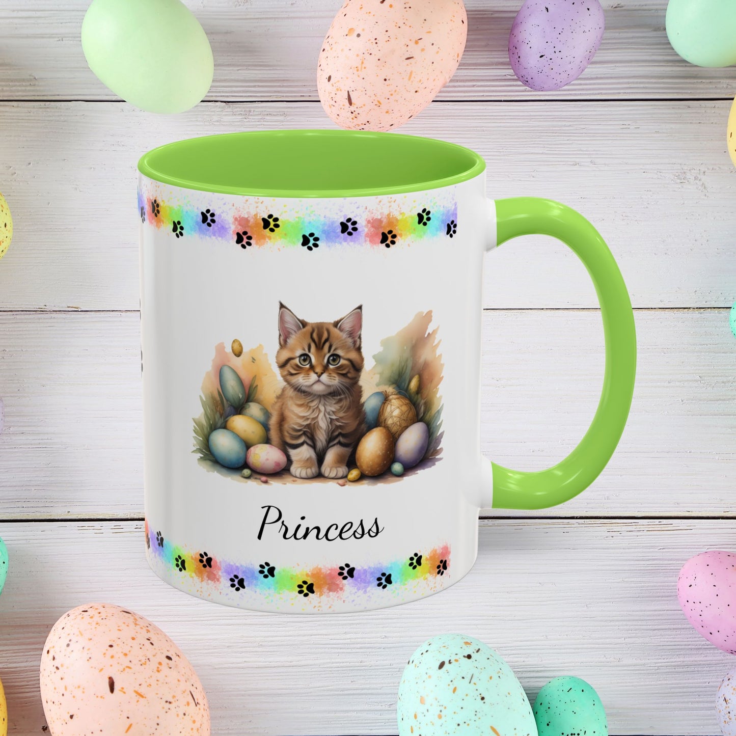 Bobtail cute kitten Easter coffee mug, personalized gift for cat lovers, mental health awareness and home use