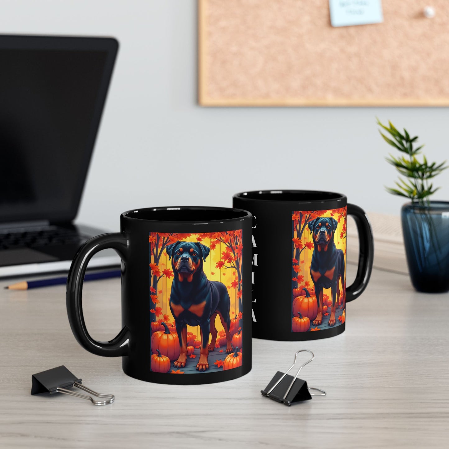 Black and mahogany Rottweiler dog in autumn leaves on a custom ceramic coffee mug.