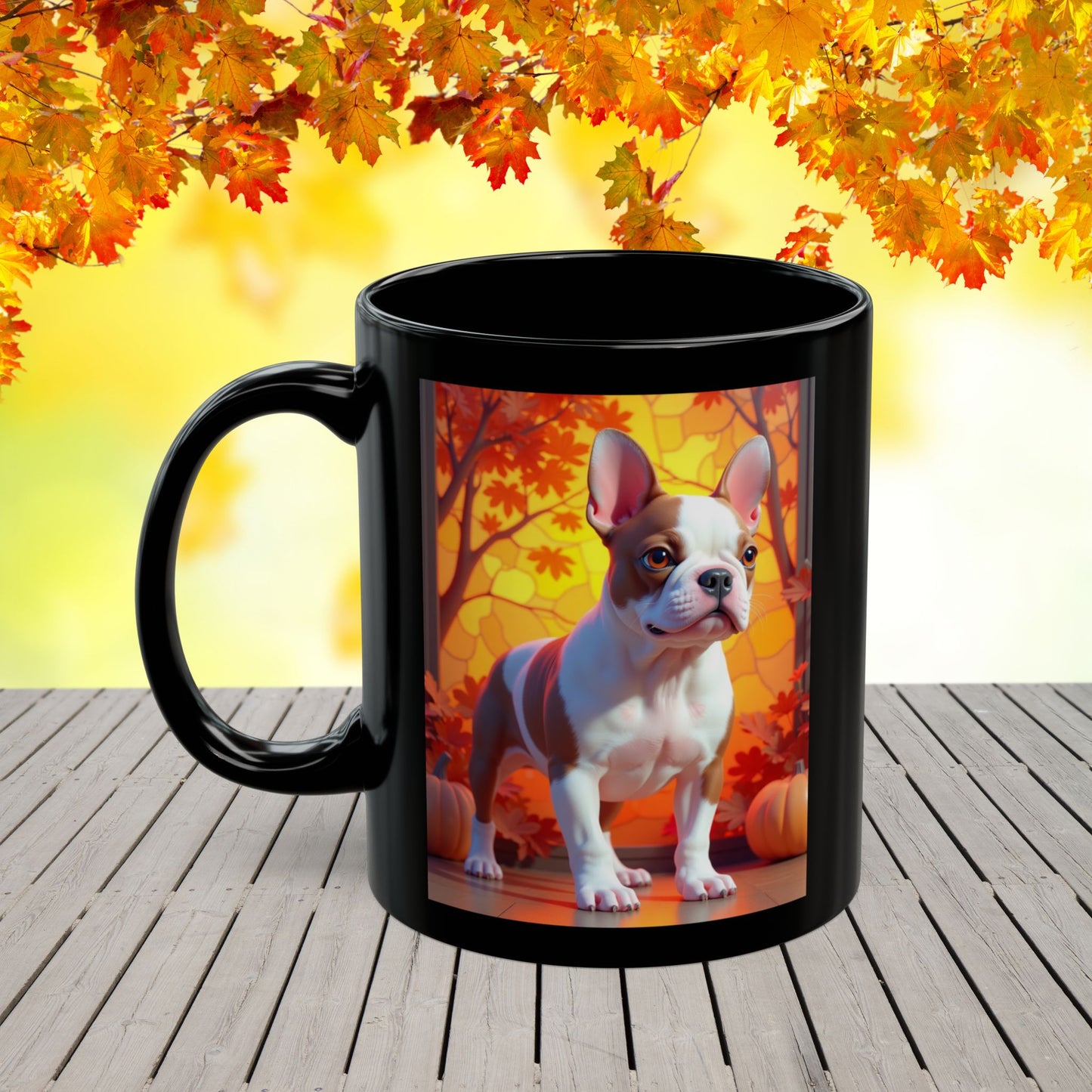 French Bulldog Red Pied - Autumn black mug, seasonal Frenchie lover gift for dog moms and dads