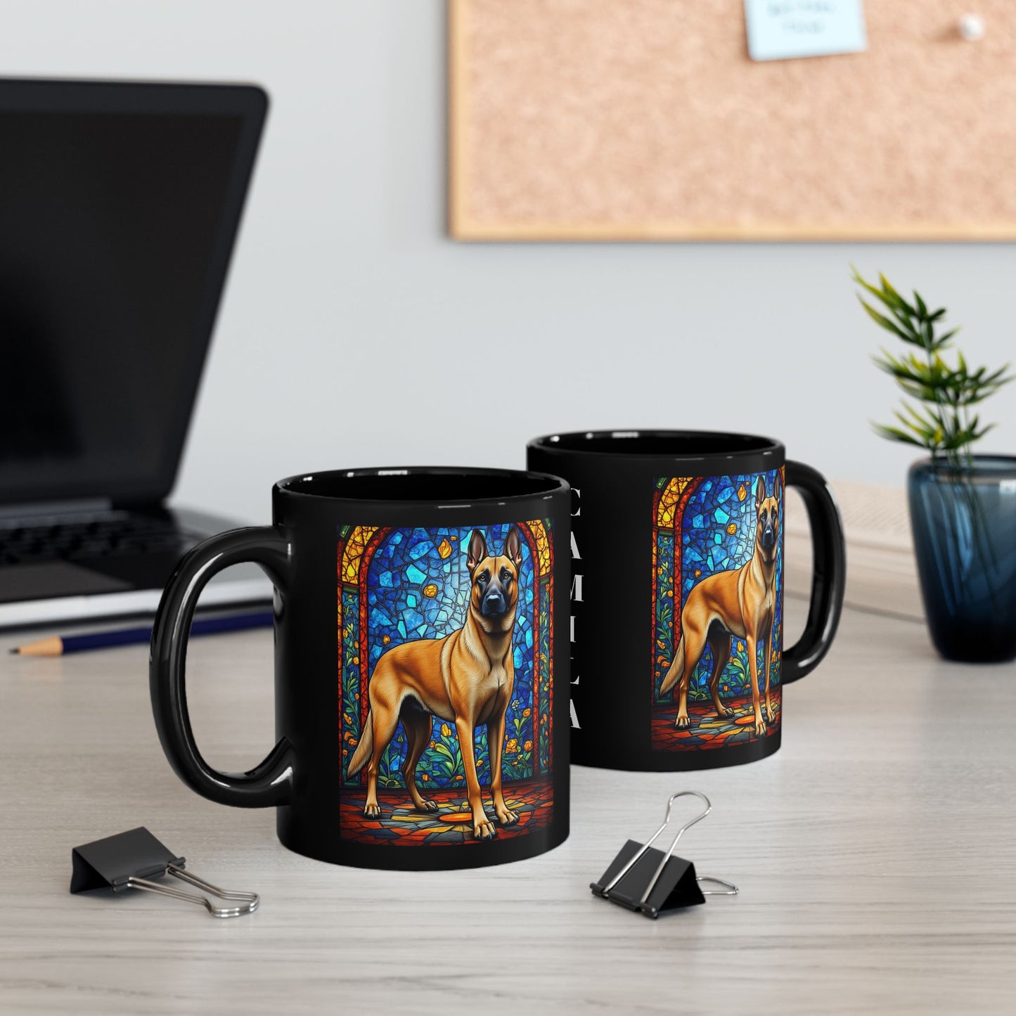 Belgian Malinois fawn personalized mug, stained glass coffee cup gift for dog lovers and pet parents