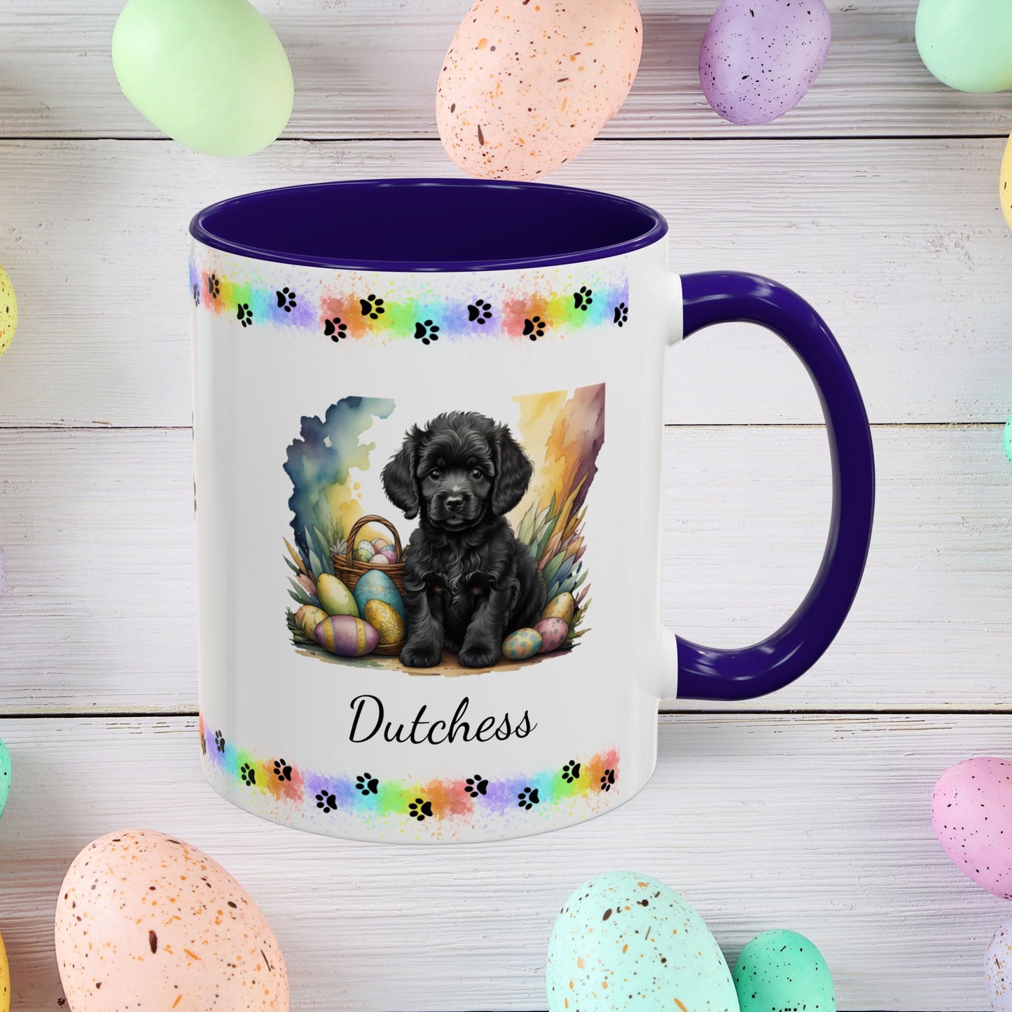 Adorable black Poodle Easter puppy coffee mug personalized dog gift, perfect for mental health awareness and spring joy.
