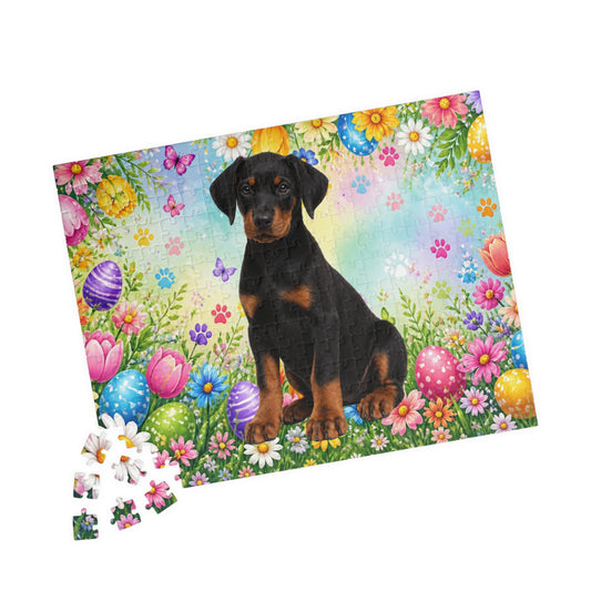 Doberman (Black & Rust) Easter Puppy Puzzle - Spring Garden with Eggs, Tulips, and Daisies
