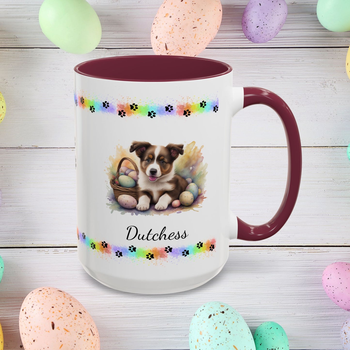 Border Collie Brown & White personalized Easter puppy mug, cute dog coffee cup, mental health awareness gift