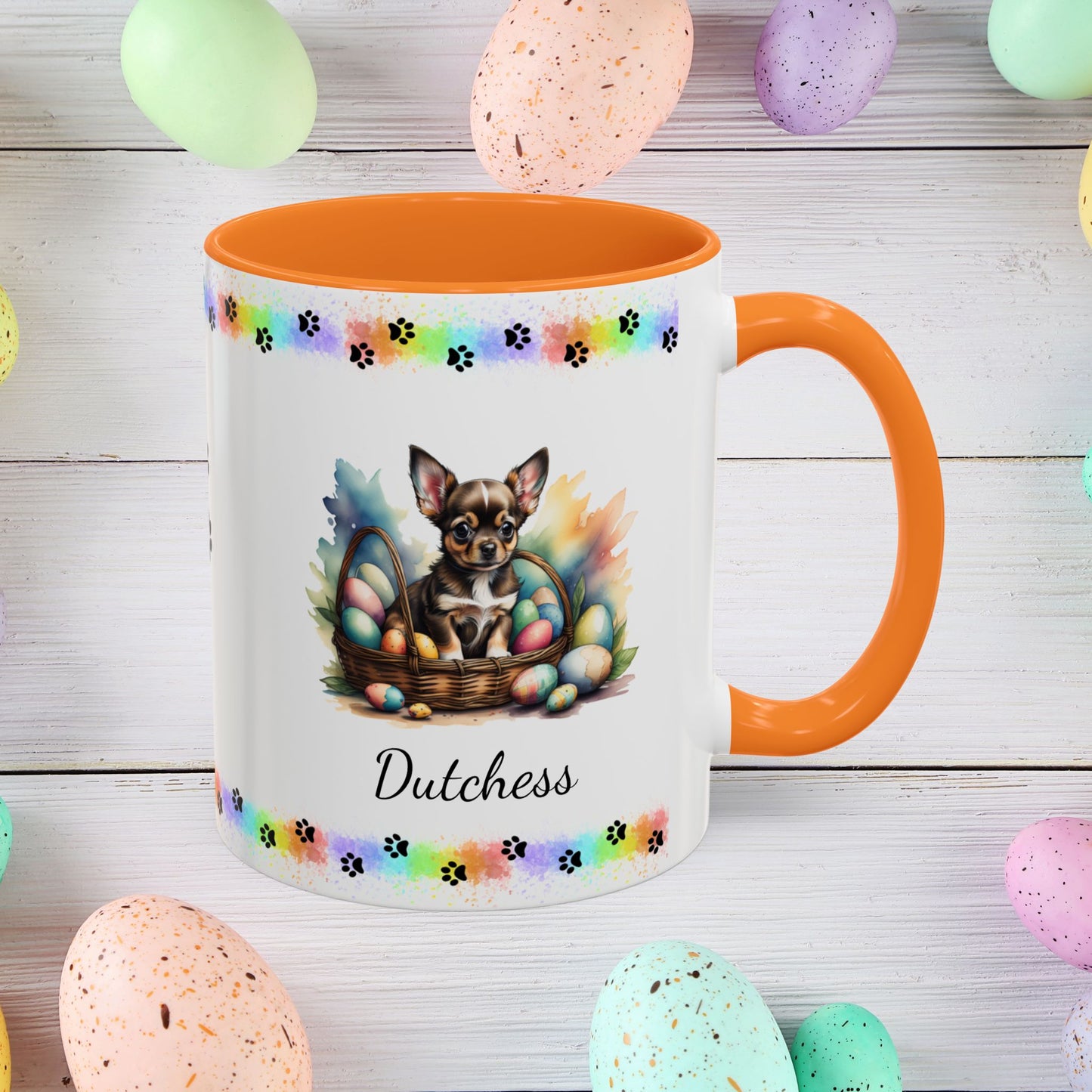 Chihuahua (Black Tri): Personalized Easter Puppy Coffee Mug - Adorable Dog Design, Mental Health Gift, 11oz & 15oz, 12 Color Choices, Easter Gifts & Décor