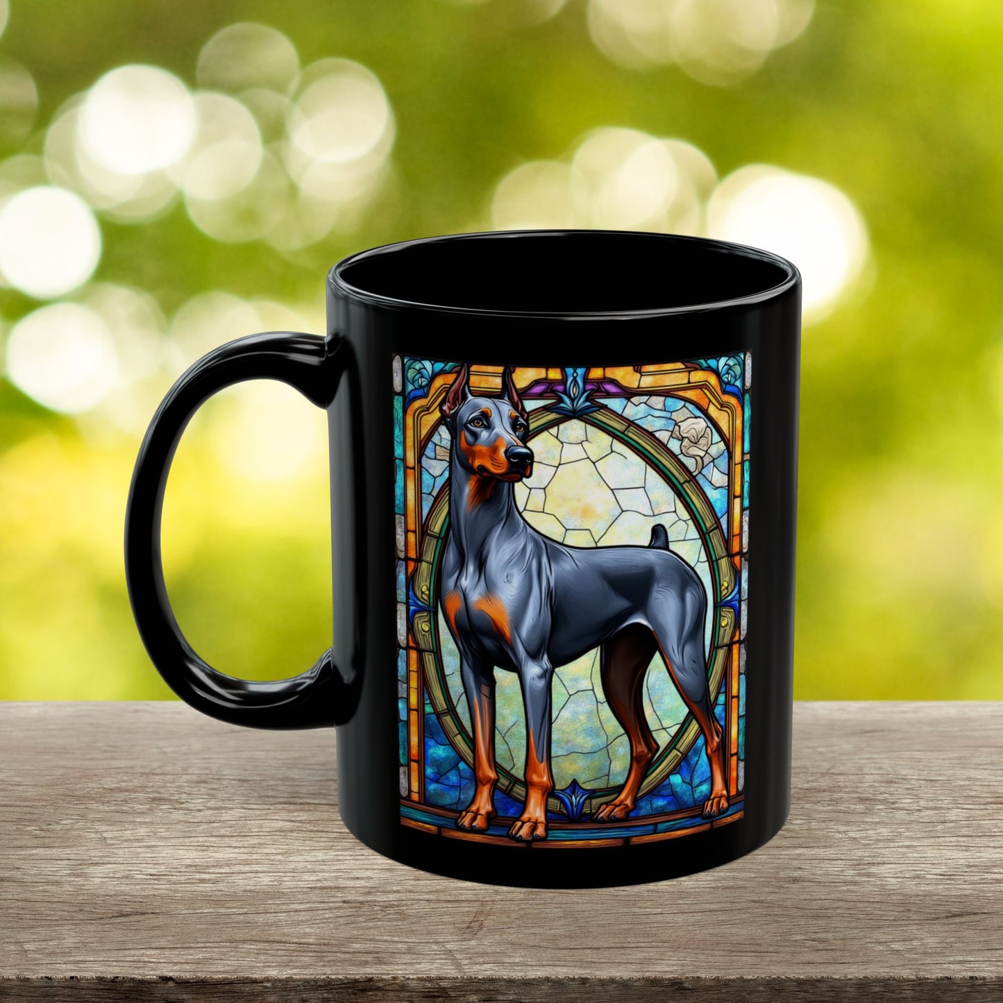 Doberman blue and rust personalized mug, stained glass coffee cup for dog lovers and pet parents