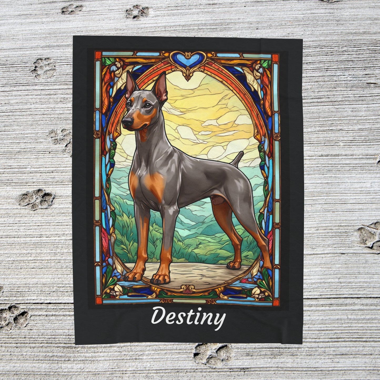 Doberman fawn Isabella and rust velveteen blanket, stained glass dog throw, personalized pet gift - MySisterIsASurvivor