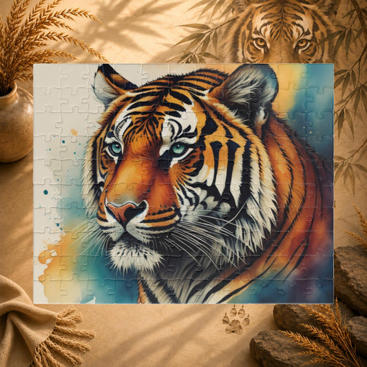Jigsaw puzzle with a tiger design on a white background