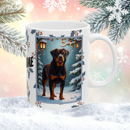 Shop our rottweiler chocolate winter lodge mug featuring the 15oz style option from MySisterIsASurvivor.