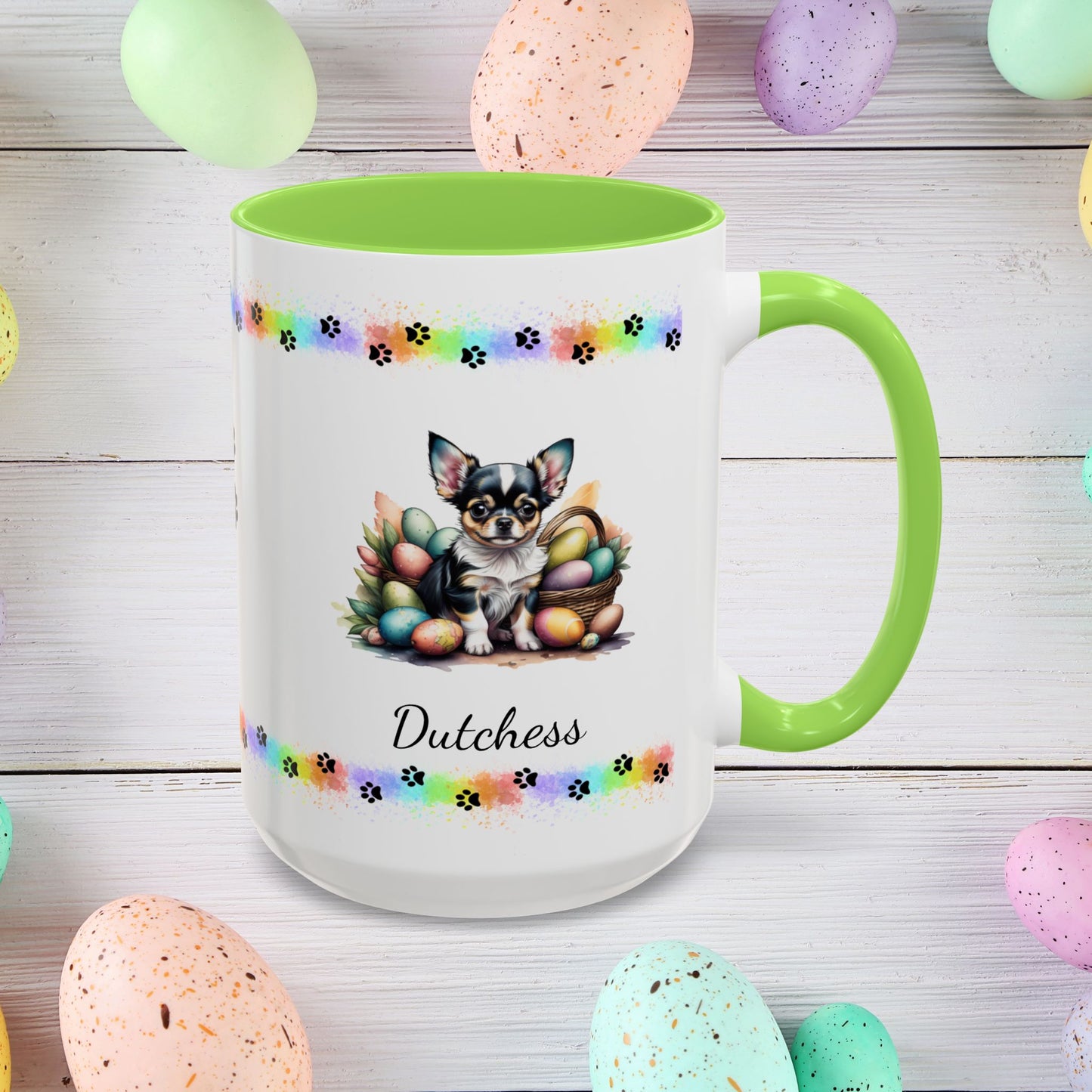 Chihuahua (Blue Tri): Personalized Easter Puppy Coffee Mug - Adorable Dog Design, Mental Health Gift, 11oz & 15oz, 12 Color Choices, Easter Gifts & Décor