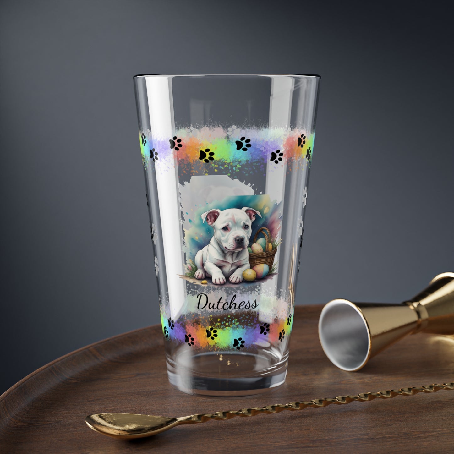 Pitbull (White) Personalized Easter Puppy 16oz Pint Glass - Custom Dog Design, Mental Health Gift, Easter Décor, and Festive Celebrations