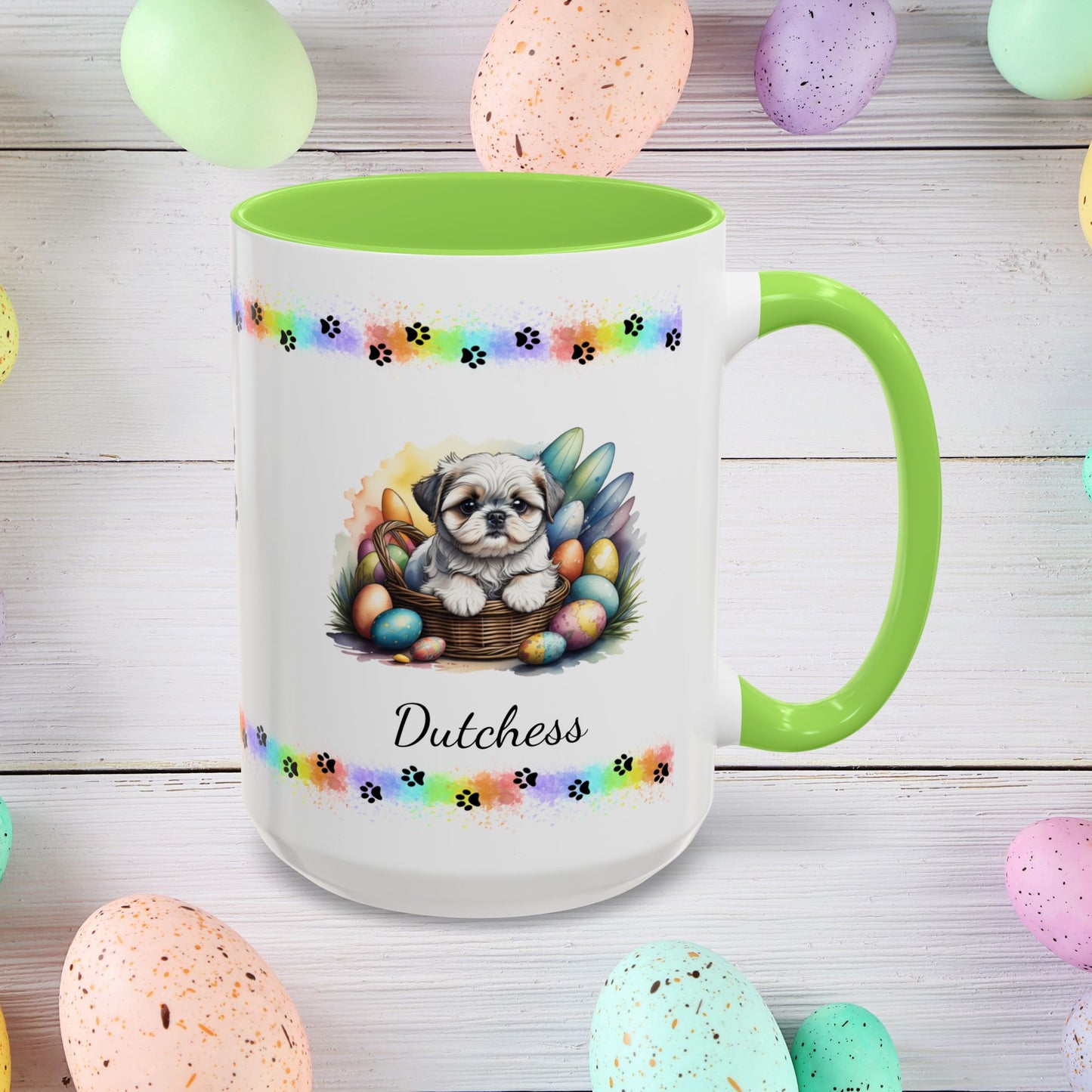 Silver and white Shih Tzu Easter puppy coffee mug, adorable personalized dog gift for comfort, hope, and self-care.