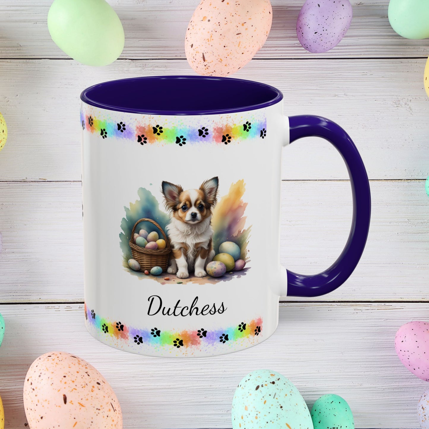 Papillon Brown & White Easter puppy coffee mug, personalized cute dog gift for mental health awareness and comfort