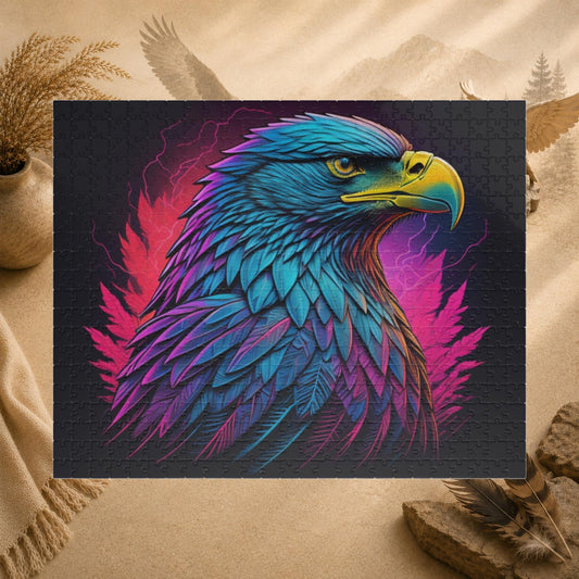Triumphant Talons - Blacklight Neon Eagle Head Puzzle with Teal and Purple Feathers on Deep Black