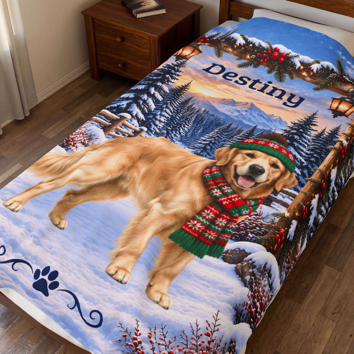 Golden Retriever (Light Golden Coat) - Personalized Snowy Cabin Throw, Custom Name Dog Dad Blanket