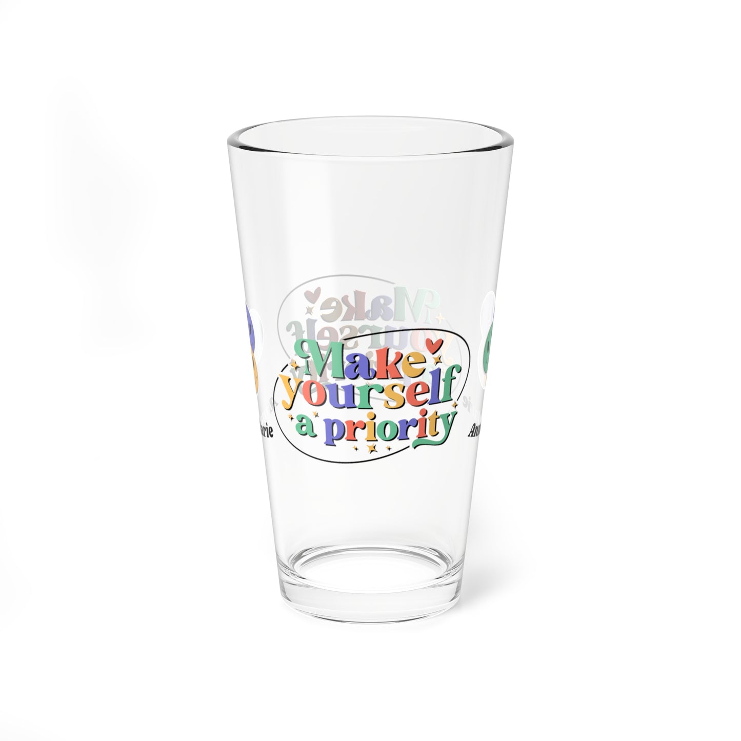Make Yourself a Priority retro mental health pint glass with custom clear glass design