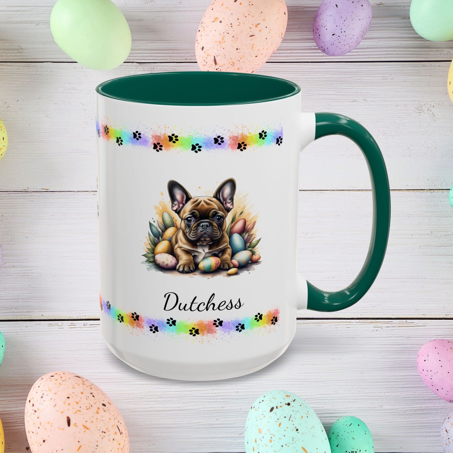 French Bulldog Fawn Easter puppy coffee mug, personalized cute dog gift for mental health support and cozy drinks
