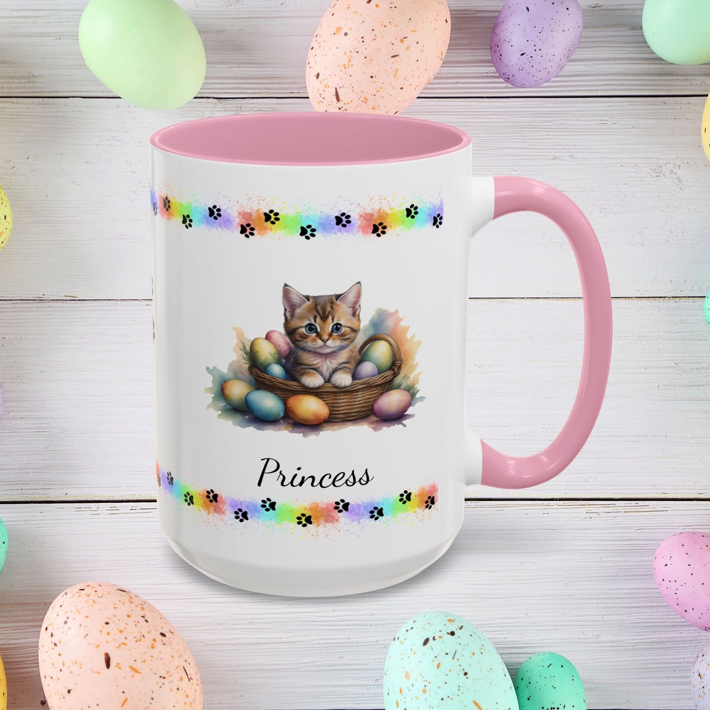 Munchkin personalized Easter coffee mug, cute kitten design, mental health awareness gift for cat lovers