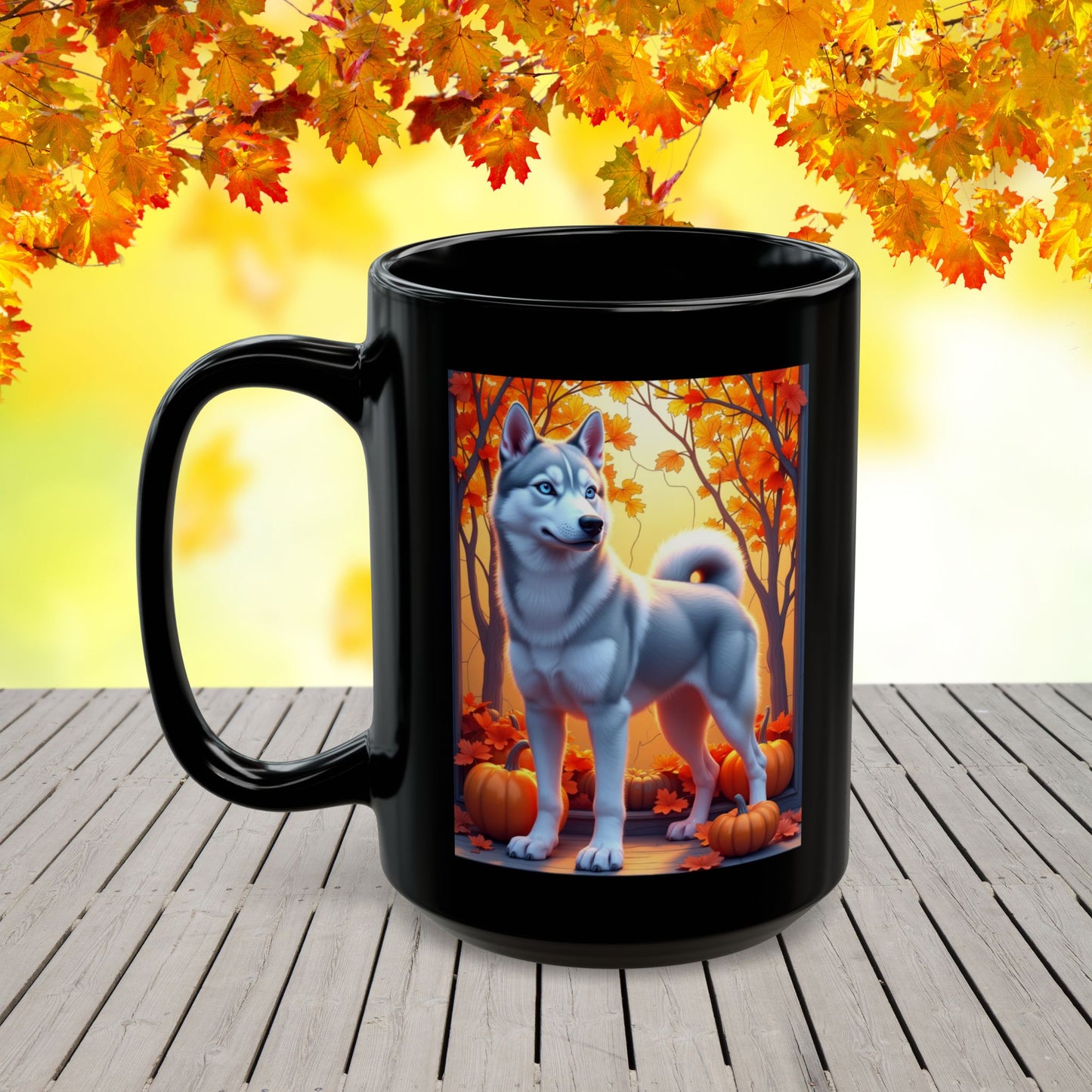 Silver Siberian Husky (Blue Eyes) fall mug, custom coffee cup gift for dog lovers and Husky parents
