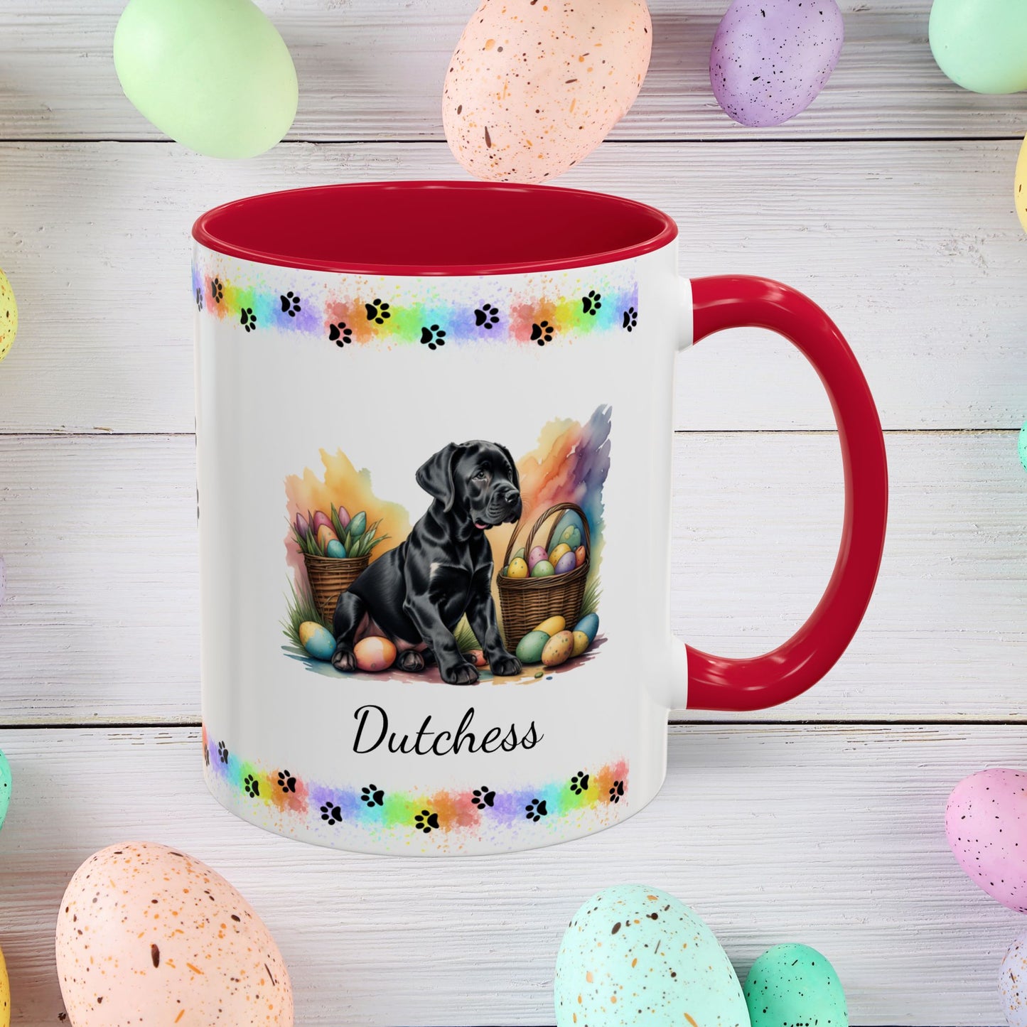 Great Dane Black Easter puppy coffee mug, personalized cute dog gift for mental health support and cozy sipping