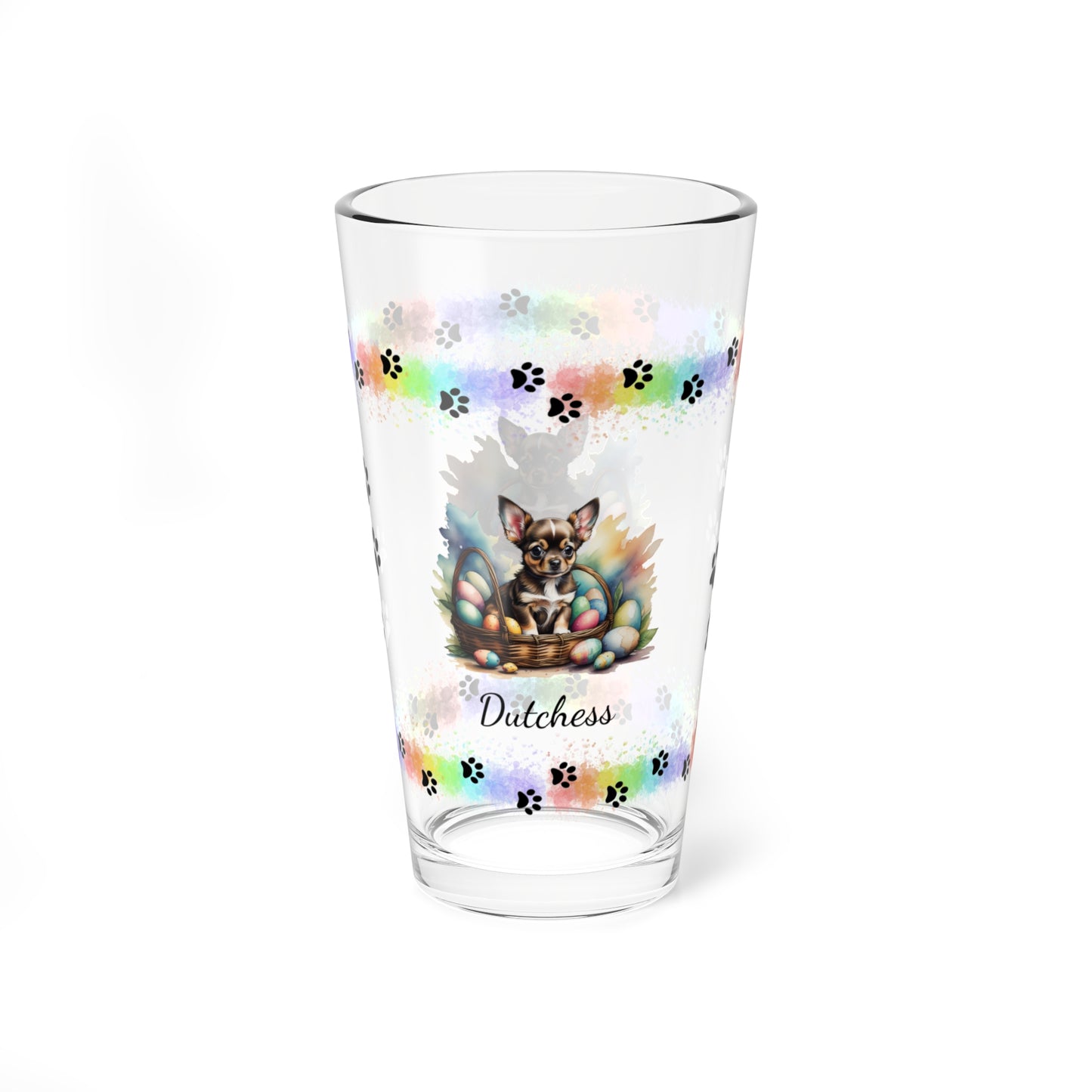 Chihuahua (Black Tri) Personalized Easter Puppy 16oz Pint Glass - Custom Dog Design, Mental Health Gift, Easter Décor, and Festive Celebrations
