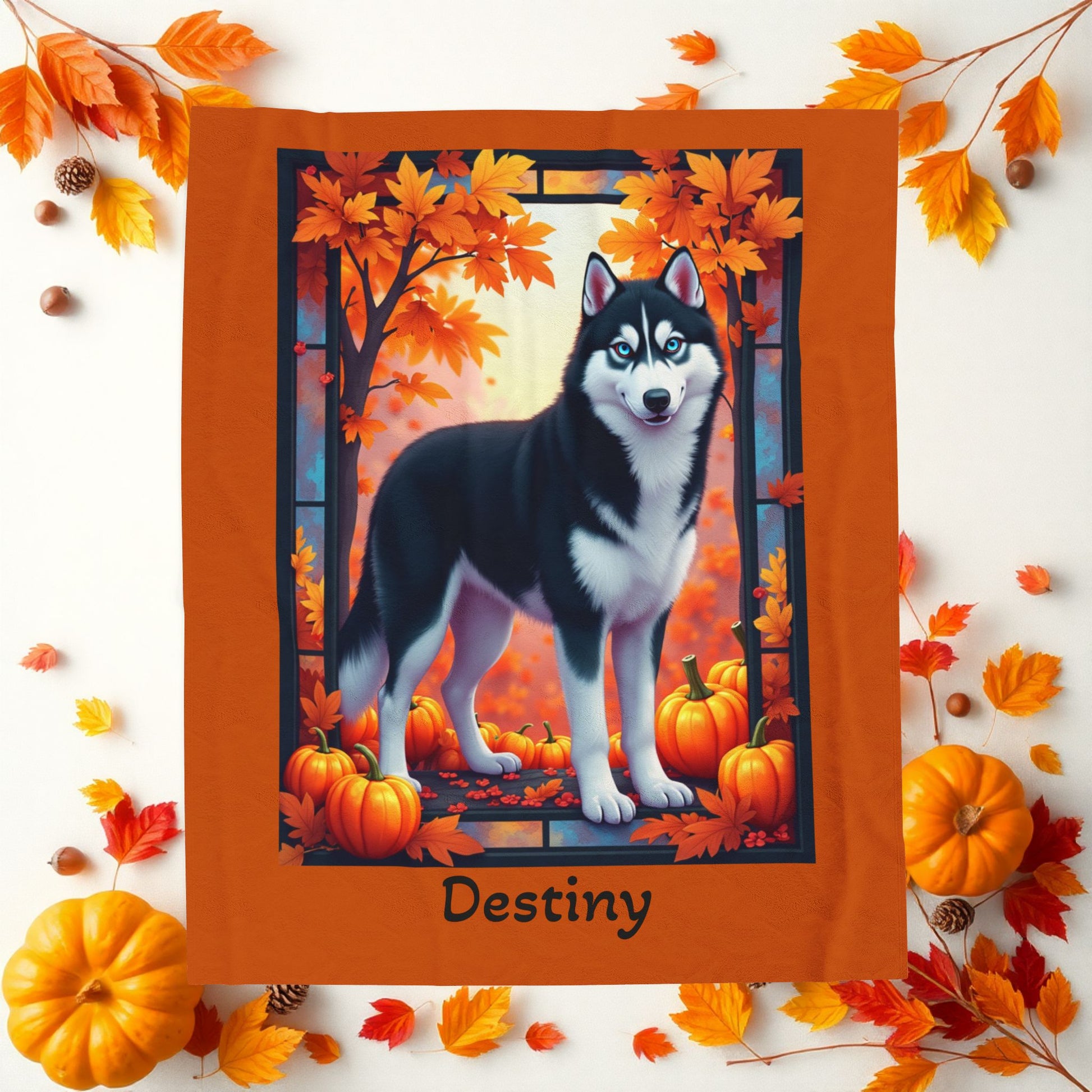 Siberian Husky Black & White Coat (Blue Eyes) Velveteen Blanket, Personalized Plush Dog Throw